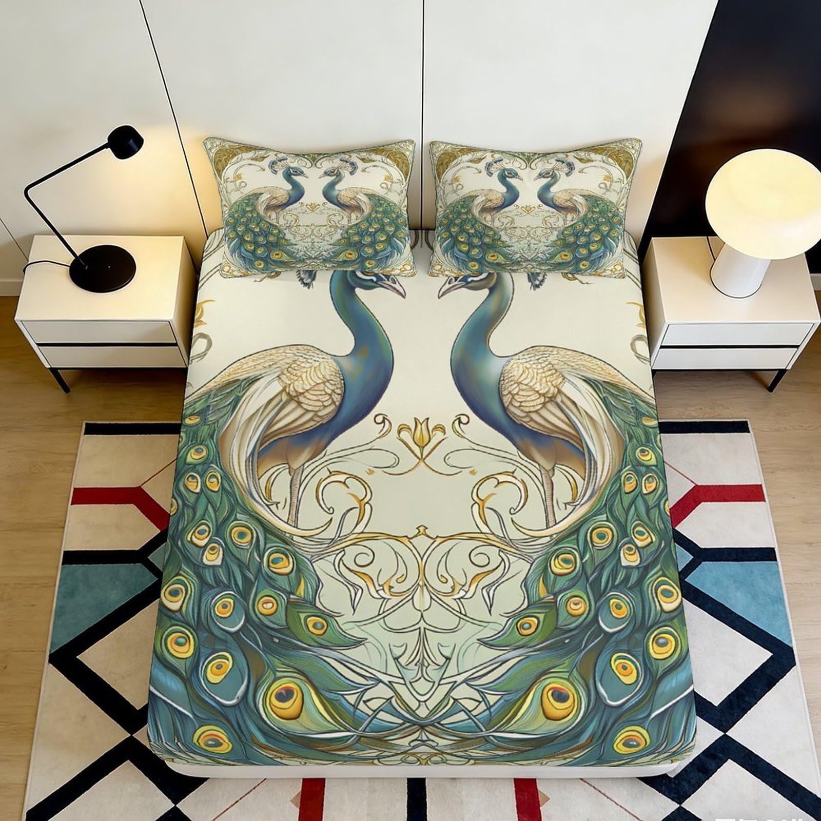 3D Printed Peacock Art Fitted Sheet Microfiber Soft Breathable Elegant Plumage Mattress Cover for Bedroom Decor 90x200x25cm
