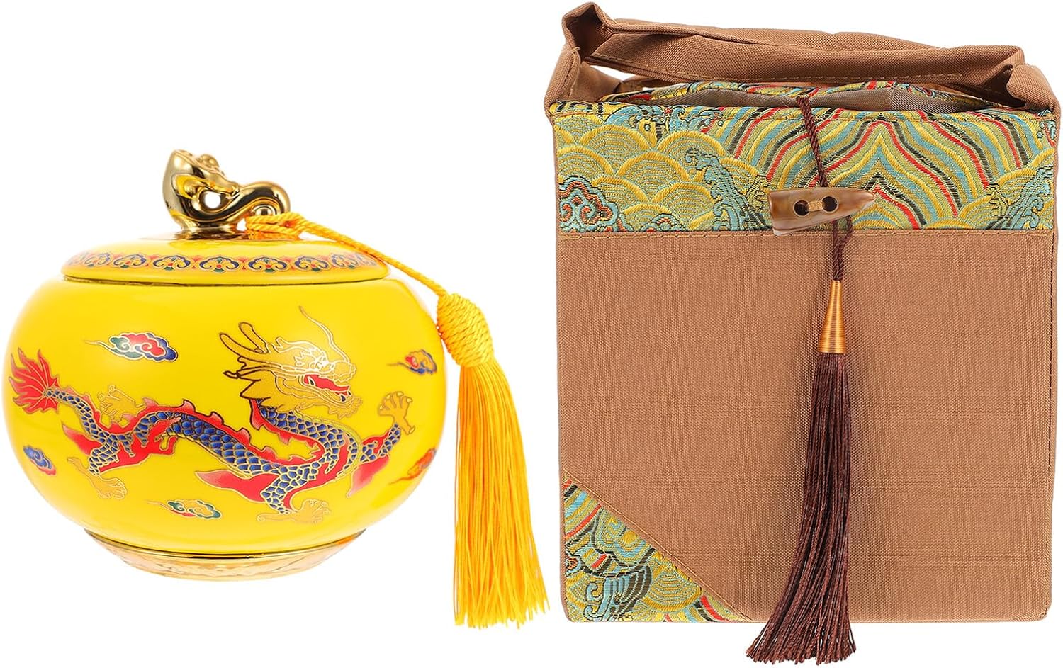 Ceramic Tea Storage Tin with Dragon Motif, Chinese Style Tea Canister with Yellow Fabric Bag, Traditional Food Jar for Kitchen Pantry Organization