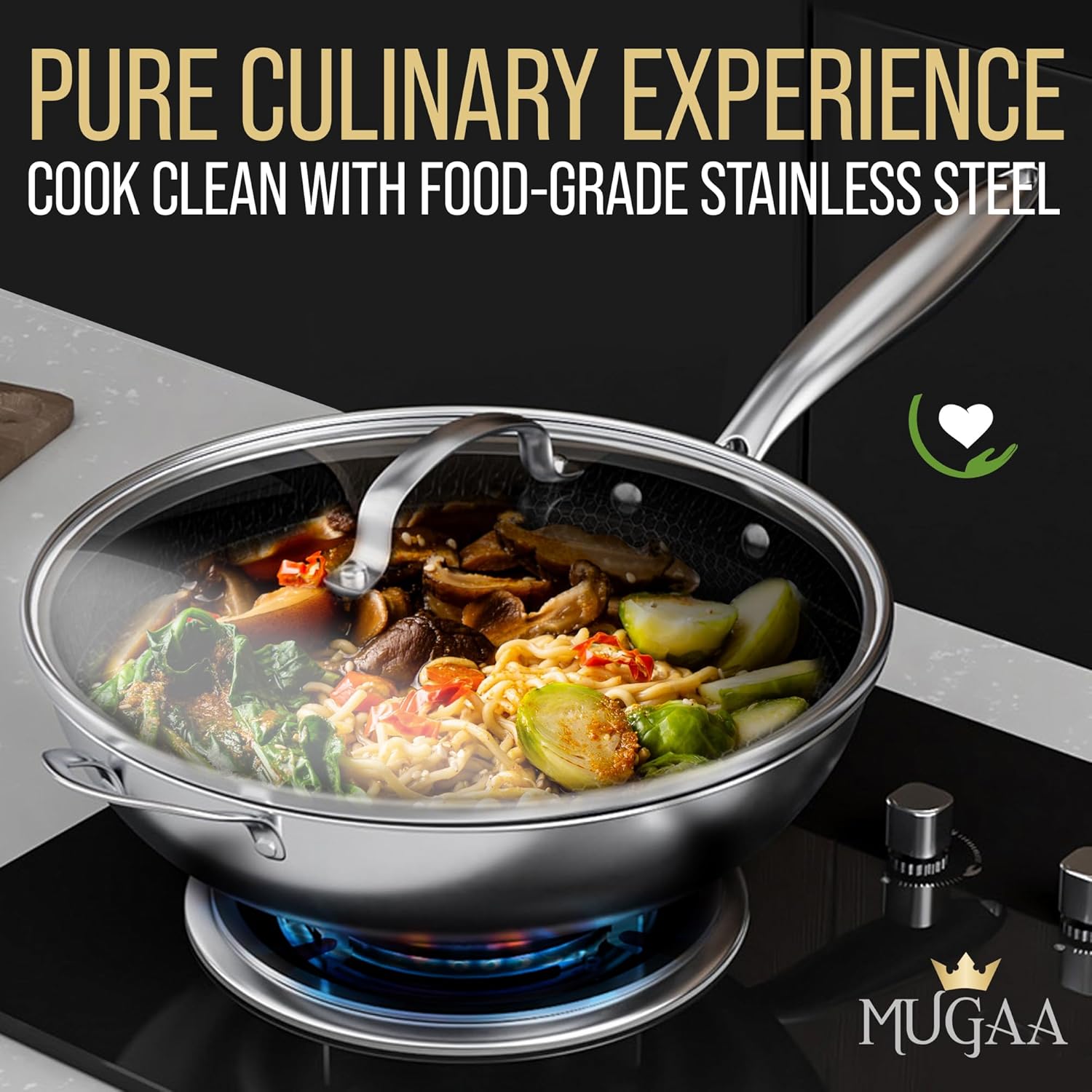 Woks & Stir-Fry Pans Nonstick, 12.5" Stainless Steel Wok with Lid | Tri-Ply Honeycomb Hybrid Stir Fry Wok Pan | Induction & Oven Safe | Dishwasher Safe - Image 3