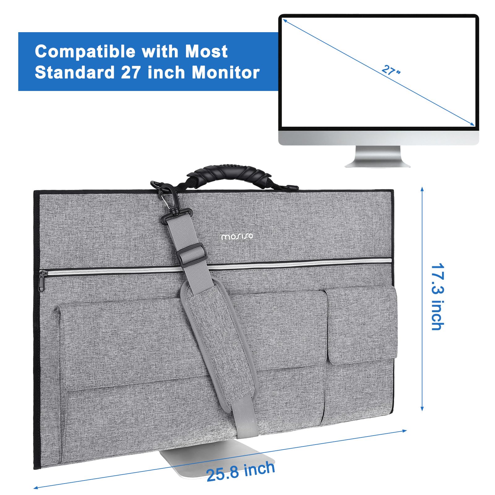 MOSISO Monitor Tragetasche, 27 Zoll Gepolsterte Monitor Reisetasche, Schutzhülle für Computer Monitore mit Verstellbarem Schultergurt & 3 Taschen für 27 Zoll Monitore, Grau