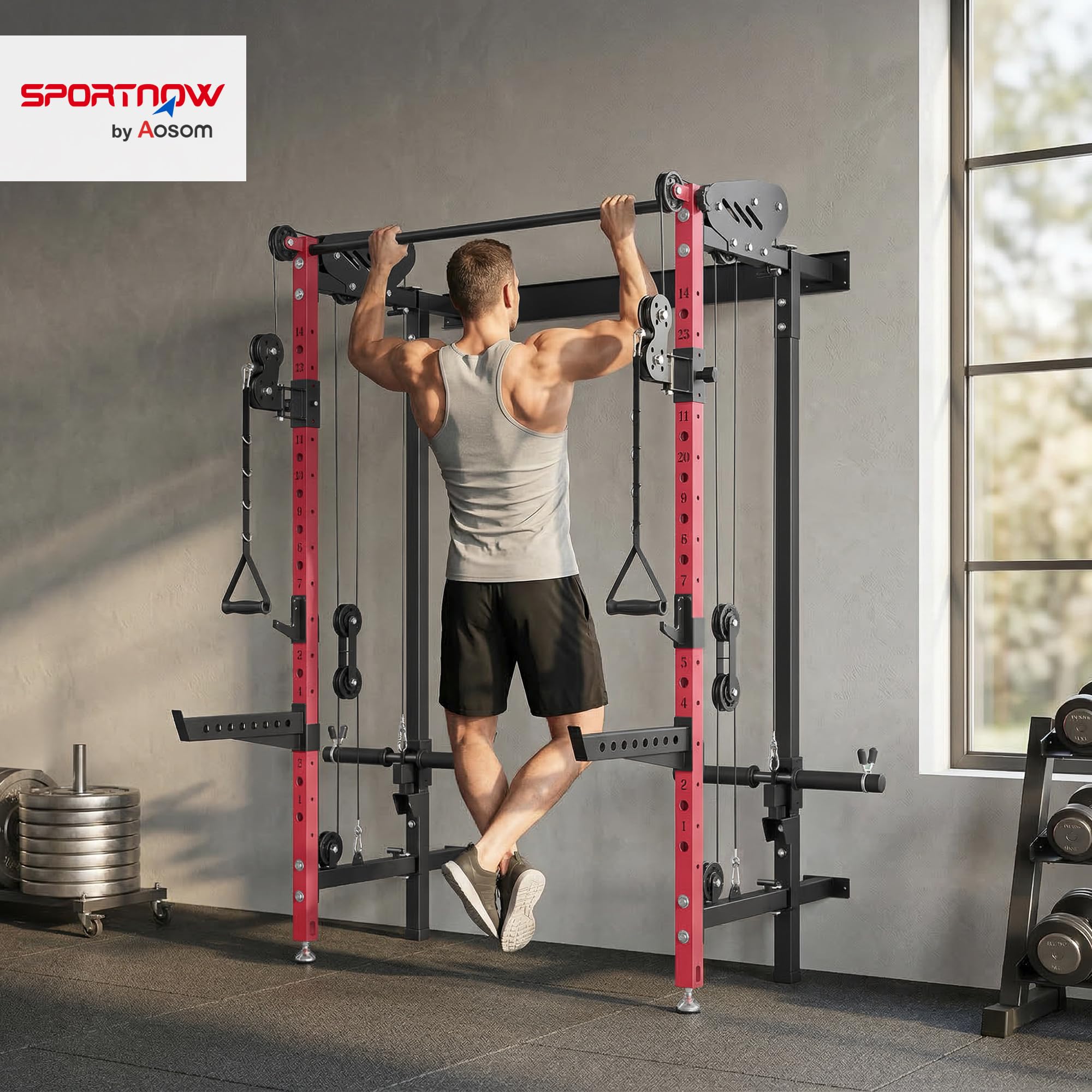 SPORTNOW Jaula de Potencia Musculación Plegable, Rack para Sentadillas | en Pared, Barra de Dominadas, Sistema Poleas Dobles, Soportes Barra Ajustables en 14 Niveles 25-165cm, Carga 700 kg