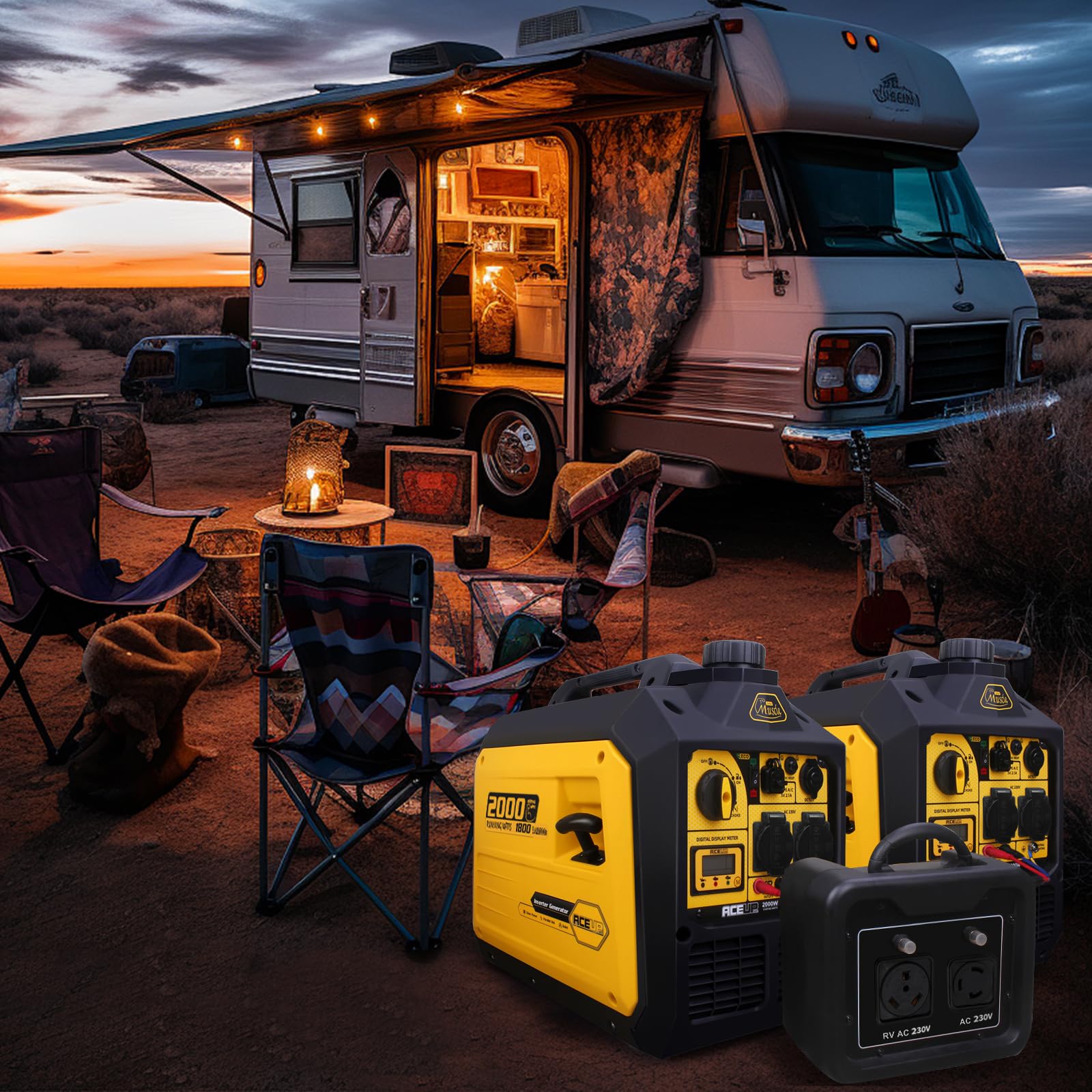 Aceup Energy Generatore di Corrente Inverter 2000W Benzina, Display Digitale, Modalità Eco, 2 Prese 230V USB 5V 12V, Silenzioso e Portatile per Campeggio e Uso Domestico