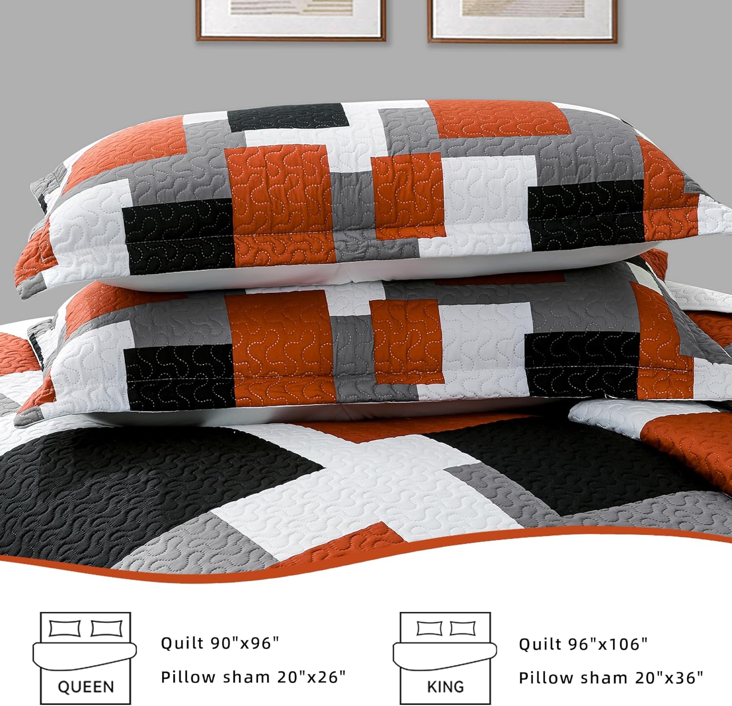 3 Piece Orange Grey Quilt Set Full/Queen Size Black White Gray Geometric Reversible Bedding Set Microfiber Lightweight Bedspread Coverlet with 2 Shams Modern Bed Covers for All Season, 90''x96'' - Image 7