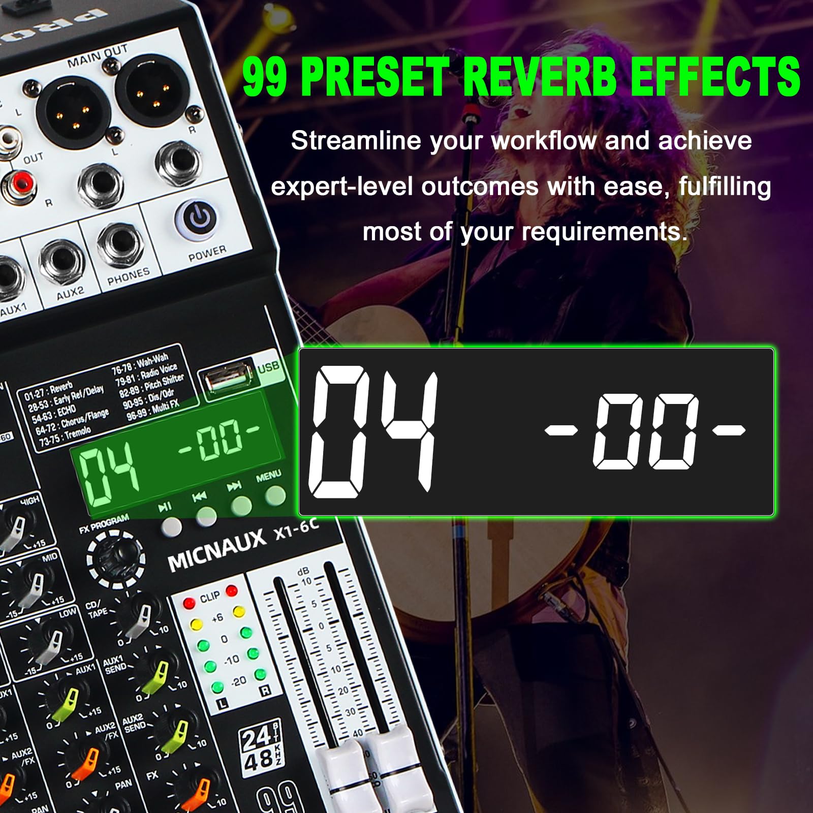 Mikser audio, 6-kanałowy, profesjonalny mikser dźwięku, konsola z 99 efektami DSP, mikser DJ z USB, Bluetooth, zasilacz 48 V, przycisk PAD do nagrywania karaoke PA Drum Live Music