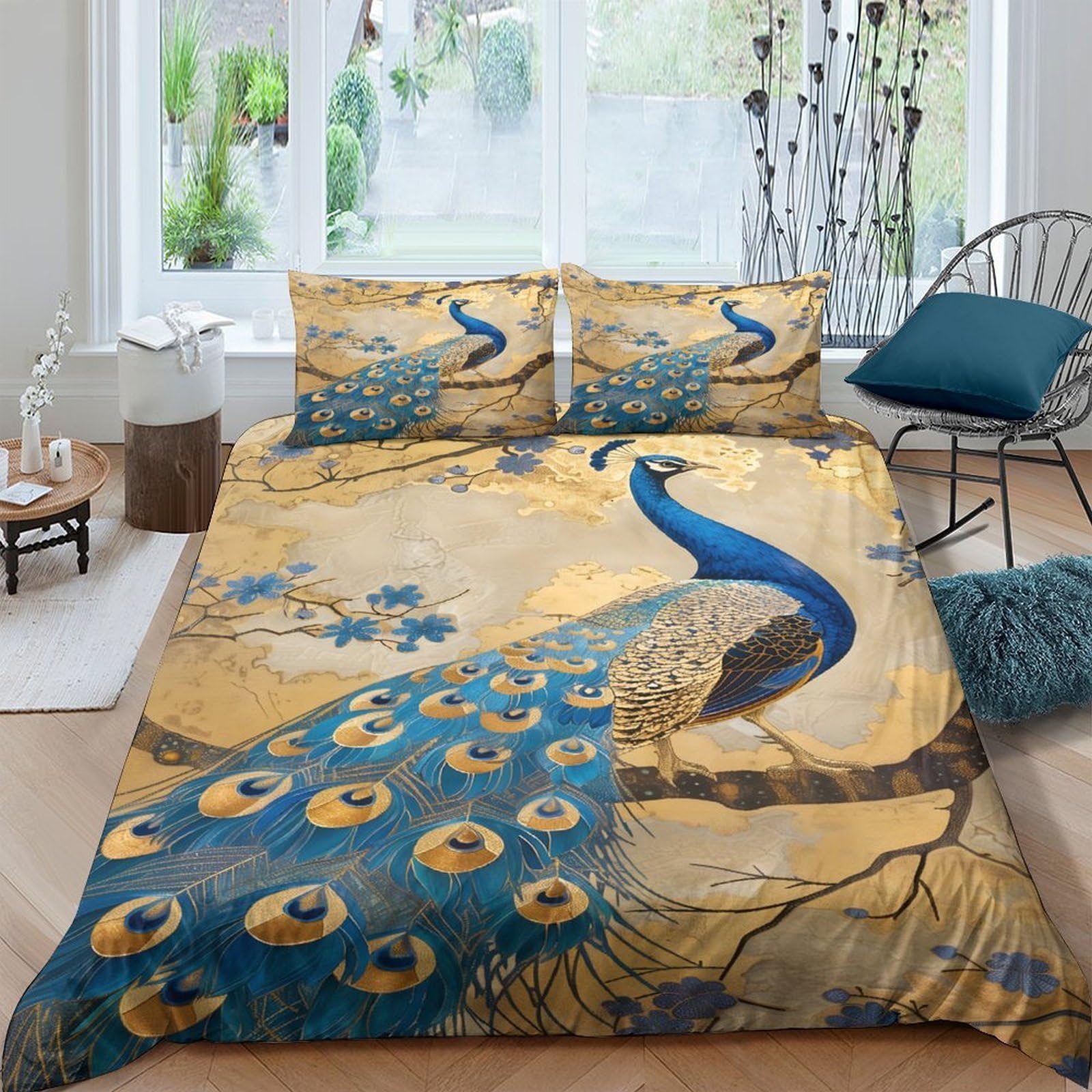 Ctjqhvkz Style-5 3D Printed Peacock Garden Fitted Sheet Microfiber Soft Decorative Blue Gold Bird Mattress Cover Bedroom Dorm Single（135X200cm）