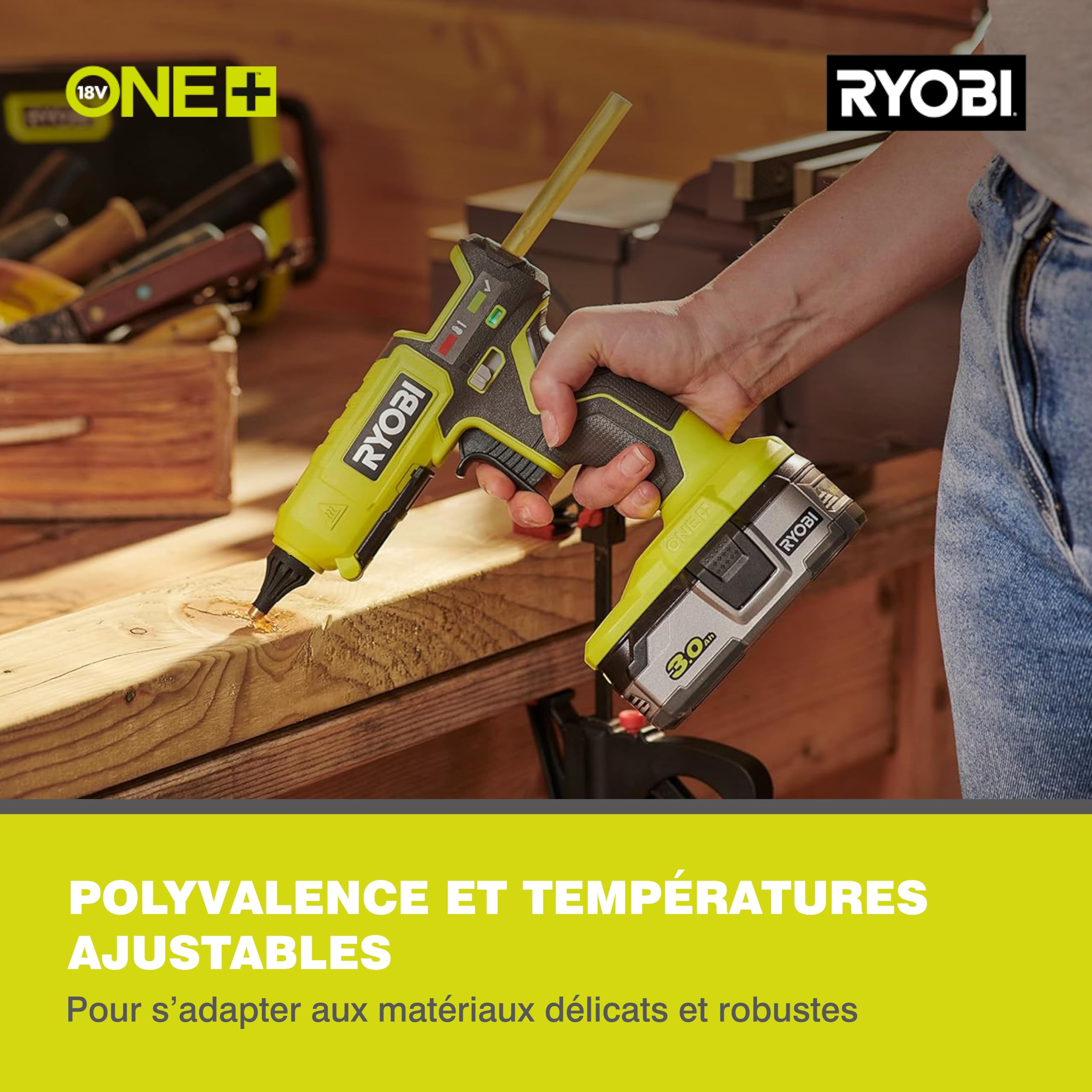 RYOBI - Pistolet à Colle Sans Fil 18V ONE+ RGL18-0 – Montée en Température Rapide (3min), Pour Colle Ø11 et 12mm, Colle Précise et Propre – Batterie Non Incluse