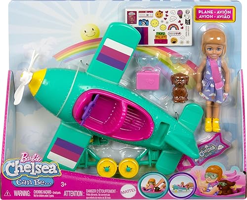 Miniatura 6 de Barbie Chelsea Can Be muñeca y juego de avión, avión de 2 plazas con hélice Daisy giratoria y 7 accesorios, incluye cachorro y pegatinas