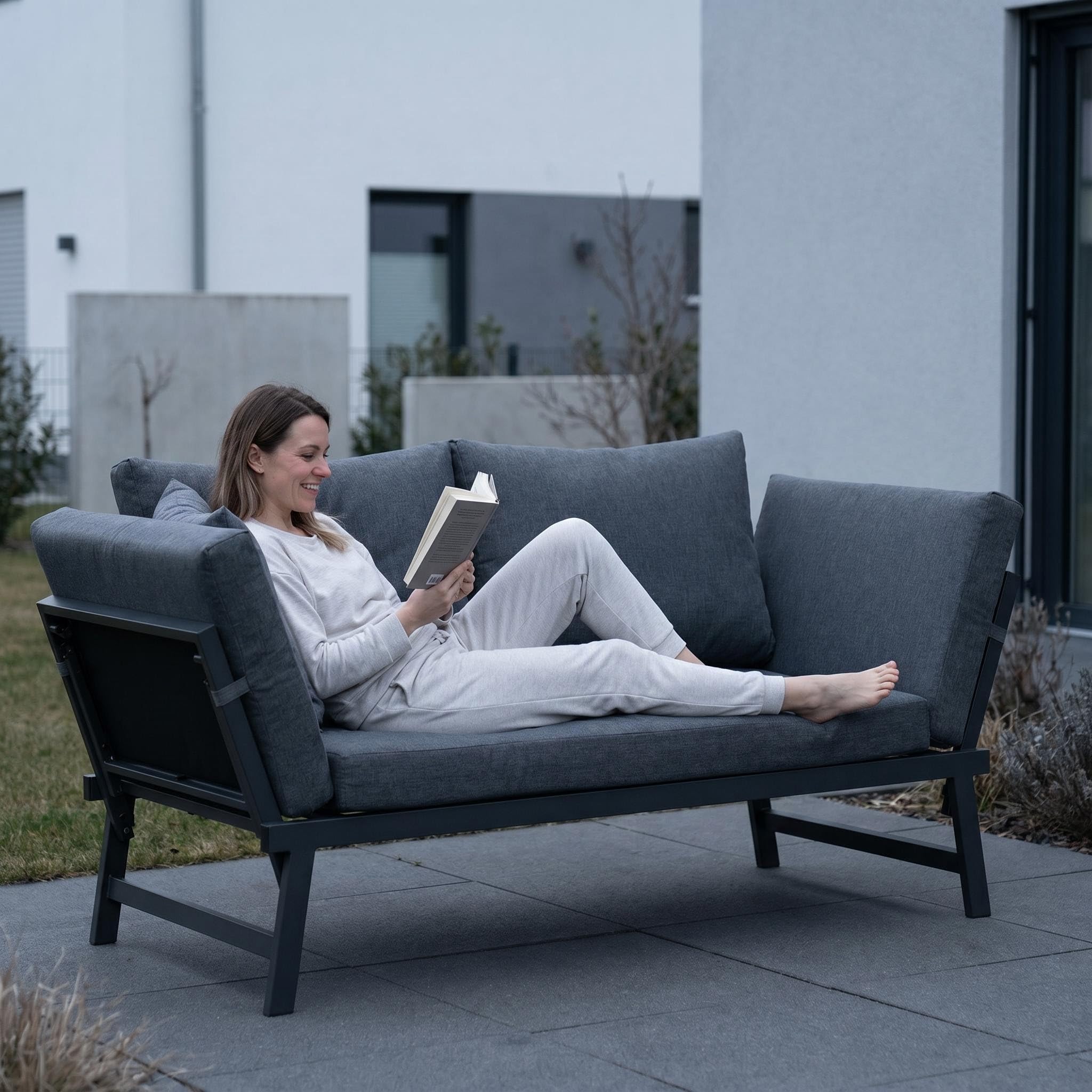 Klappbares 4 in1 Garten-Loungesofa mit Verstellbarer Rückenlehne und abtrennbarer Seitenliege, wetterfestes Stahl-Textilene-Gestell inklusive dickem Polyester-Kissen, geeignet für Terrasse