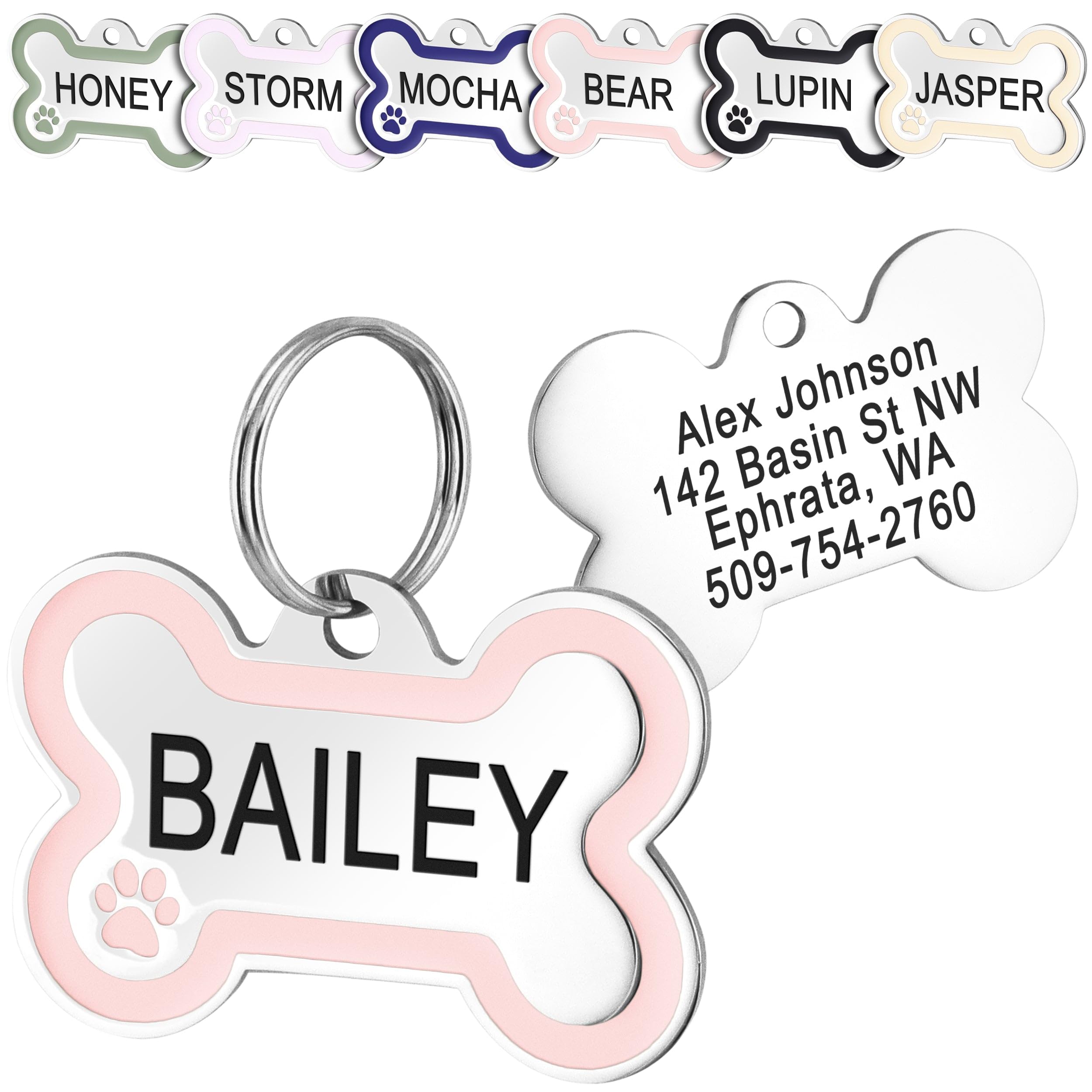GoTags Stainless Steel Bone Dog Tag with Color Outline and Paw Print, Personalized Pet ID Tag for Dogs and Cats, Custom Engraving with up to 5 Lines of Text on Both Sides (Pink, Regular)