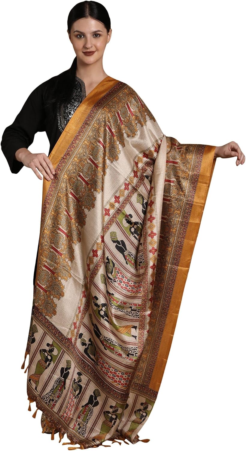 Exotic India Batik Afro Women Motif Printed Banglori Satin Dupatta with Tassels - Satin