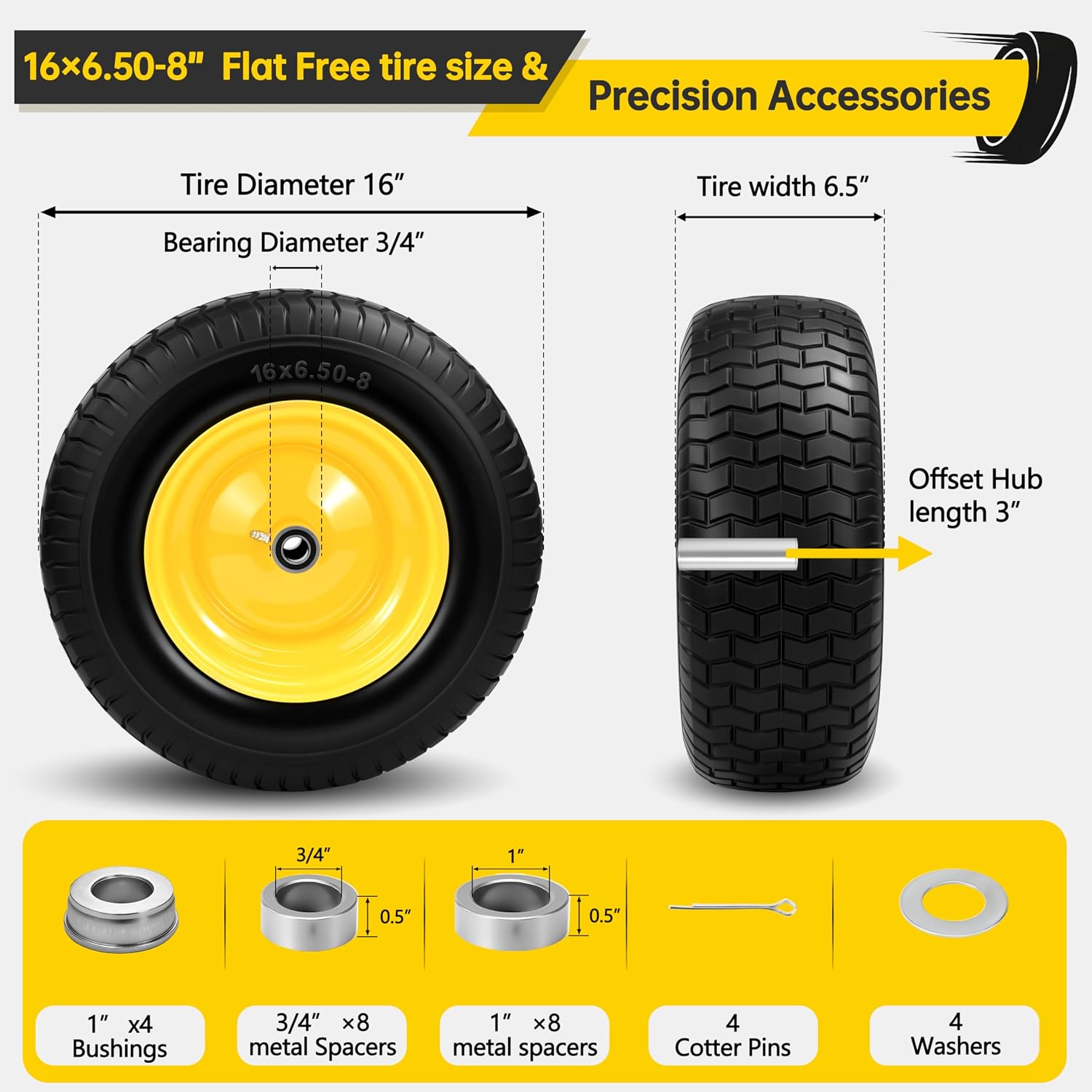 2Pcs 16×6.50-8 Tire and Wheel with 1 Inch Axle, Fits 3/4" Bearing & 1" Bushing, 3-5" Offset Hub, Flat Free 16x6.5-8 Lawn Mower Tire For Lawn & Garden Riding Tractors Front Assembly Replacement, 550lbs