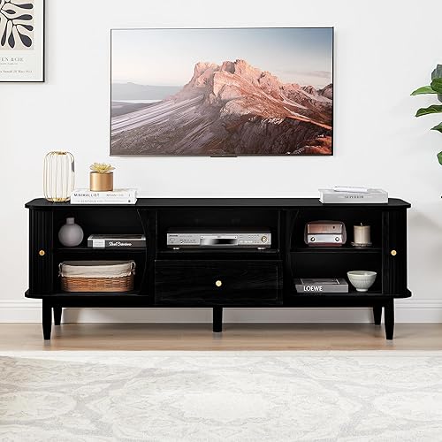 Miniatura 32 de Soporte de TV, mesa consola multimedia con puerta corredera y compartimento de almacenamiento, centro de entretenimiento moderno con almacenamiento