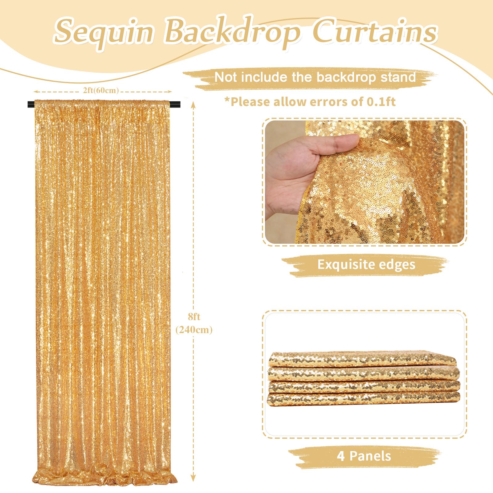 2 Pieces Gold Sequin Backdrop Curtain Panels Stage 2FTx8FT Party Wedding Background Drapes — view 4