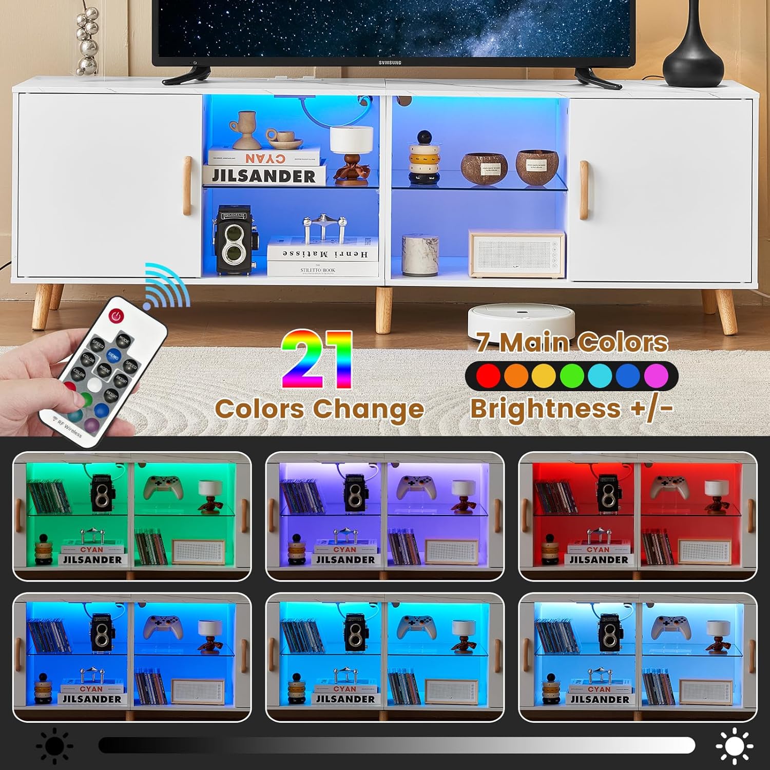 TV Stand for 70 Inch TV, Modern TV Stand with LED Light & Outlet, Entertainment Center with Glass Shelves, 15.8" D x 63" W x 20.9" H, White 1