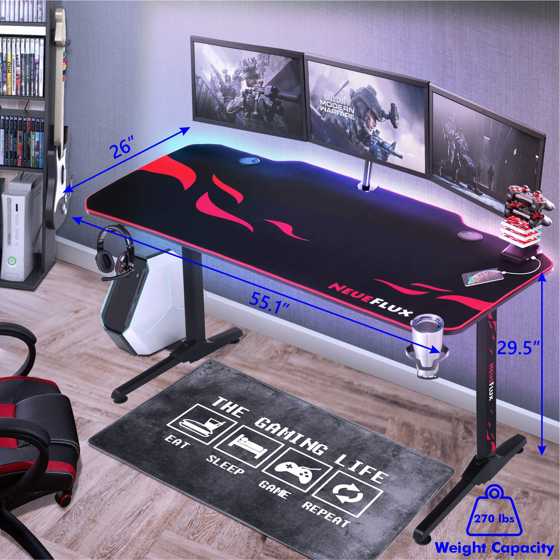 NeueFlux Gaming Desk 55 Inch Racing Style, TShaped Computer Desk with Full Desk Pad, Large