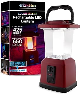 Enbrighten Dual Power Color Changing LED Rechargeable Lantern, USB Power Bank, 4400mAh, 650 Lumens, Dimmable, 425 Hours, Ideal for Camping, Outdoor, Emergency Weather, Storms, Red, 52704, 11"
