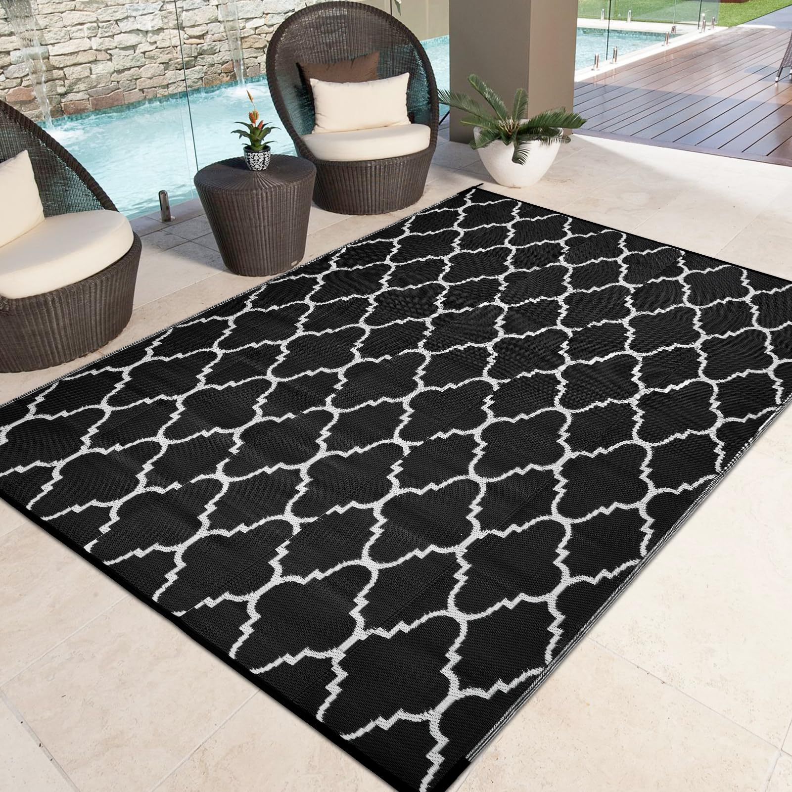 OIGAE Alfombra Exterior Impermeable 180 x 270 cm, Alfombra de Polipropileno Reversible, Resistente a Rayos UV, Antideslizante, Plegable y Lavable, para Terraza Jardín Balcón Camping Picnic, Negro