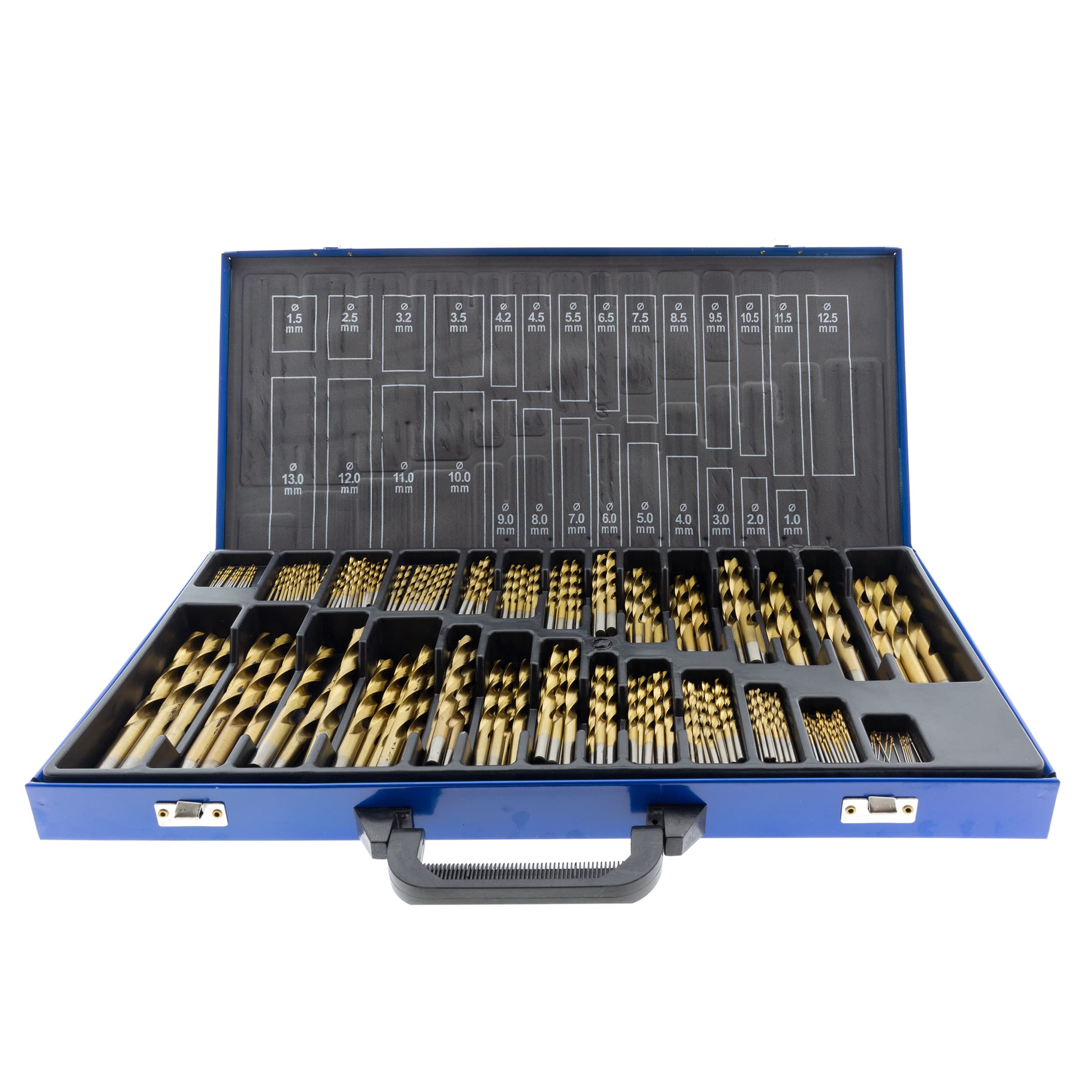 Toolchest Premium HSS - Juego de brocas en espiral (230 piezas, 1-13 mm, titanio, DIN 338, en maletín de metal)