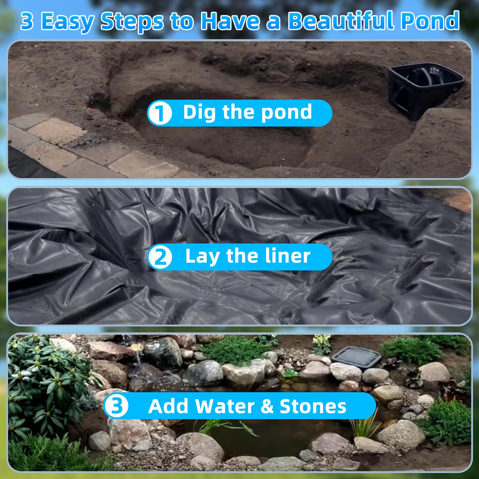 Bâche d'étang - 6 x 6 m - Épaisseur : 0,5 mm - Noir - En polyéthylène haute densité - Pour bassin à poissons, fontaine, jardin aquatique, cascade - Pour bassin de jardin