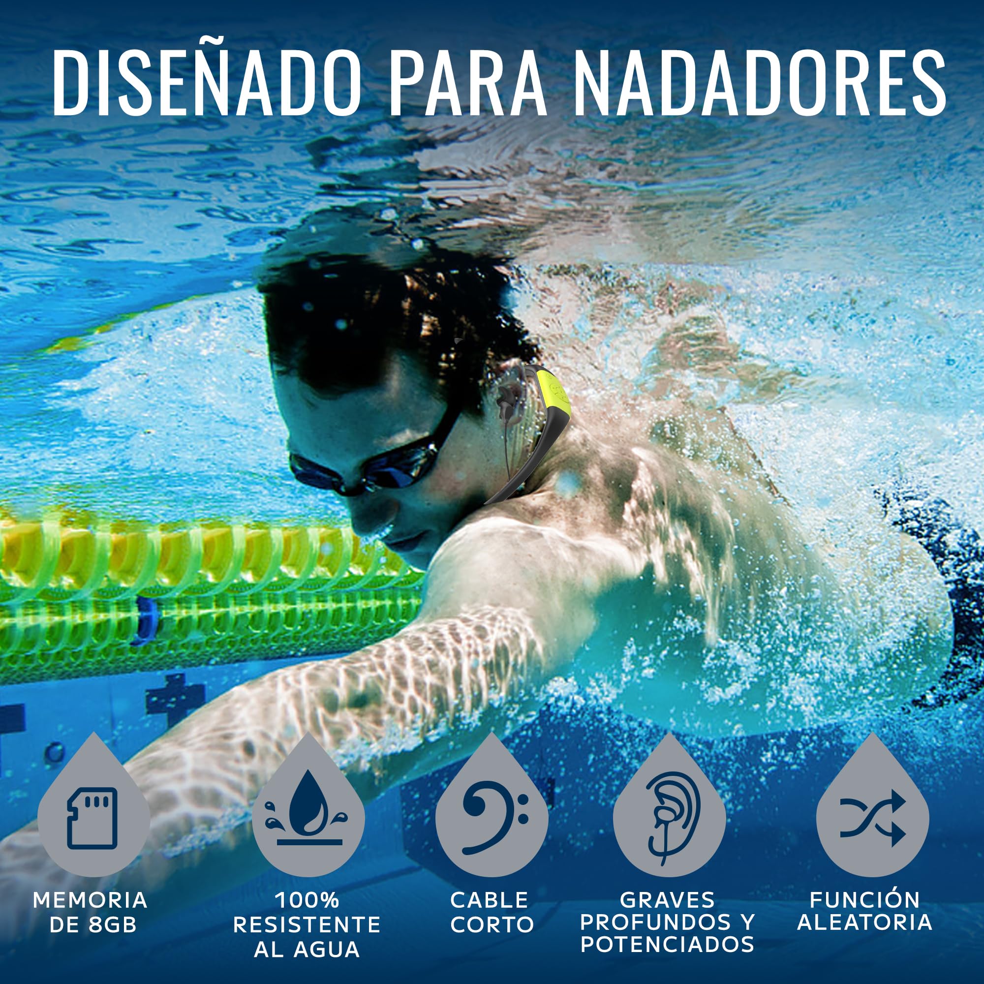 Tayogo Auriculares Natación，Reproductor MP3, 8 GB de Memoria, Impermeables IPX8, Carga Magnética y 20 Horas de Autonomía, Modo MP3/FM, para Natación (Piscina) y Deportes (Verde)