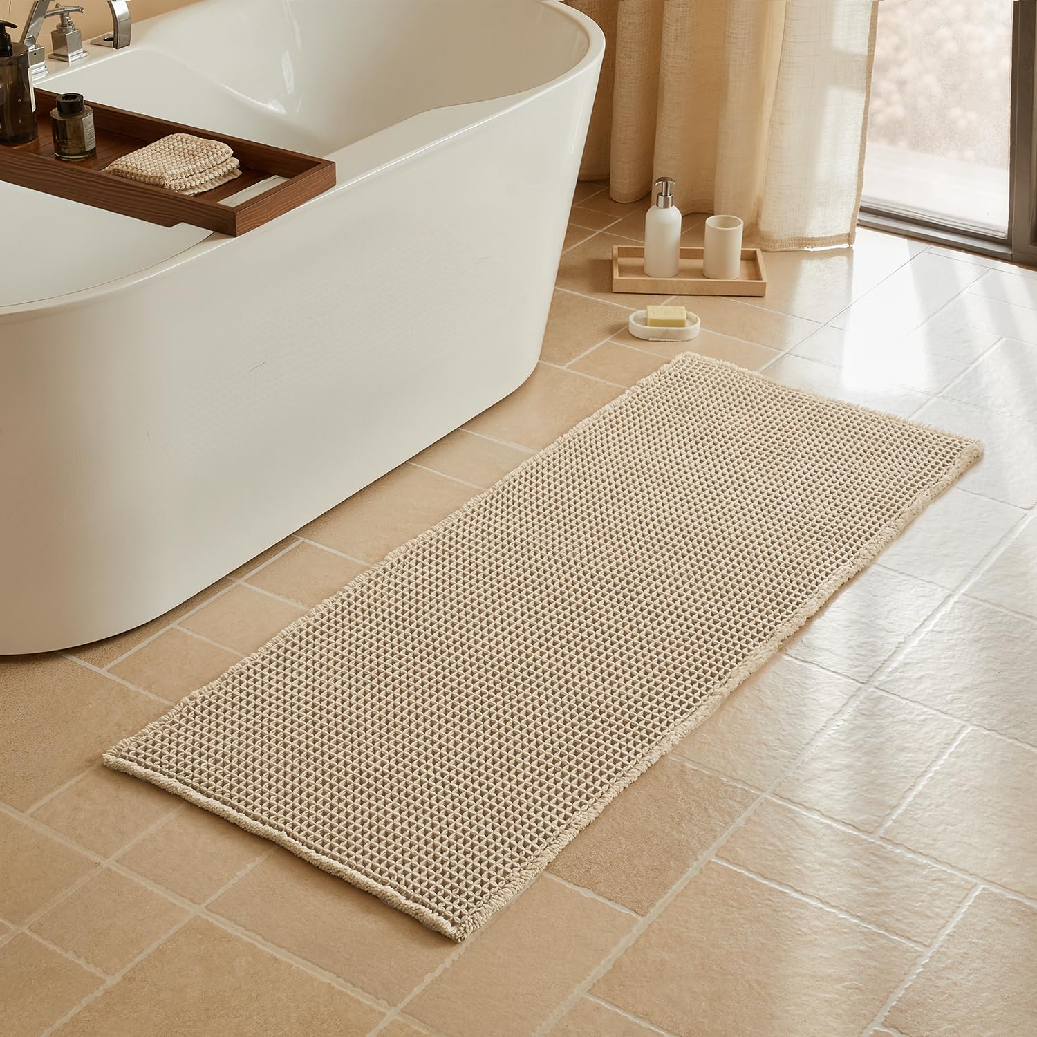 Triohero Waffle Runner Bath Mat - Long Bathroom Rugs Non Slip Washable, Ultra Soft Super Absorbent Quick Dry Boho Farmhouse Bathroom Decor, 24" x 60"'