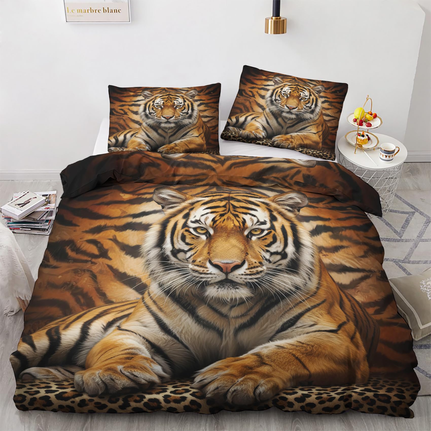 Mistela Bettwäsche 155x220 Tiger - Wildtier Tiger Bettbezug 155x220 3 teilig, Wendebettwäsche und 2 Kissenbezug, Weiche Mikrofaser Bettwäsche-Sets mit Reißverschluss, Jungen Teens Schlafzimmer Deko