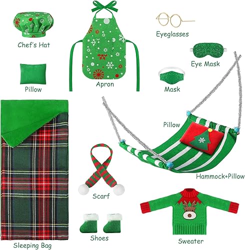 Miniatura 4 de Kacctyen 11 accesorios navideños que incluyen saco de dormir de Navidad, delantal, sombrero de chef, bufanda, gafas, almohada, máscara de ojos,