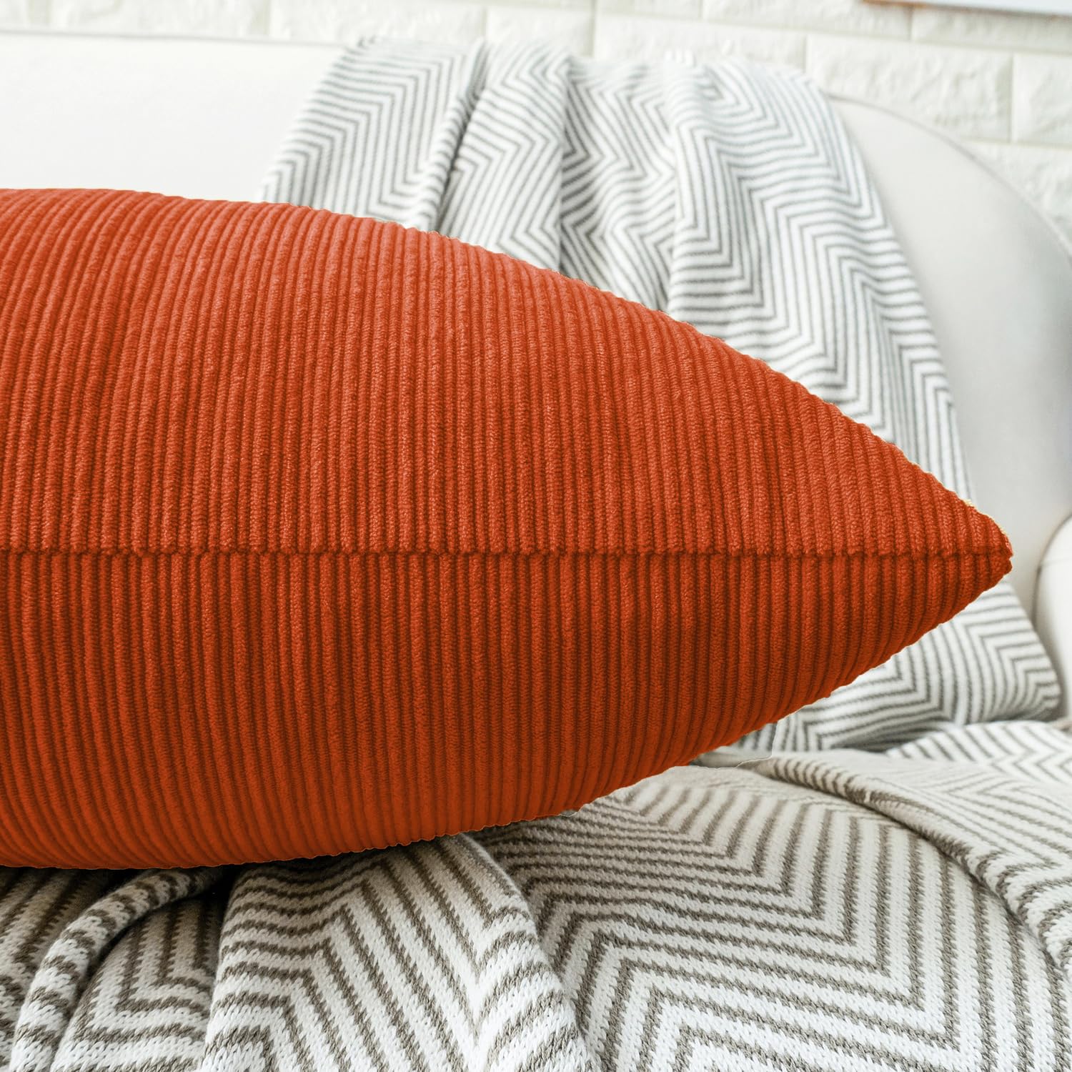 HWY 50 Autumn Burnt Orange Chenille Cushion Covers 45cm x 45cm (18"x18") with Triple Buttons, Set of 2 - Image 3