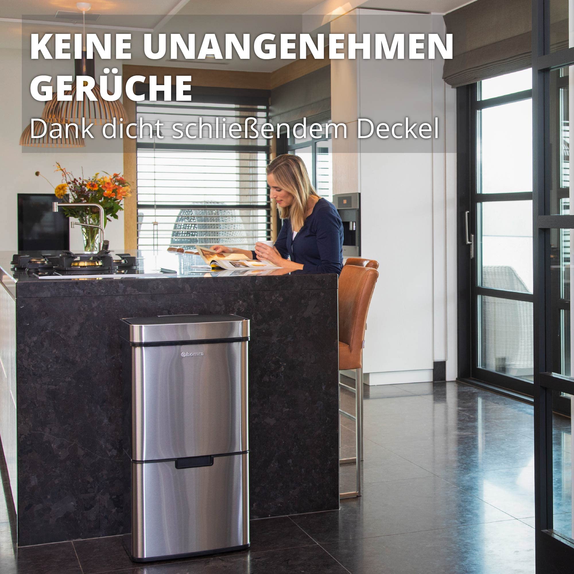 Homra® Nexo Smart Bin kosz na śmieci z czujnikiem 3 + 1 przegródkami, ze stali nierdzewnej, z czujnikiem ruchu, elektryczna segregacja śmieci, Smart Bin, system segregacji śmieci w kuchni