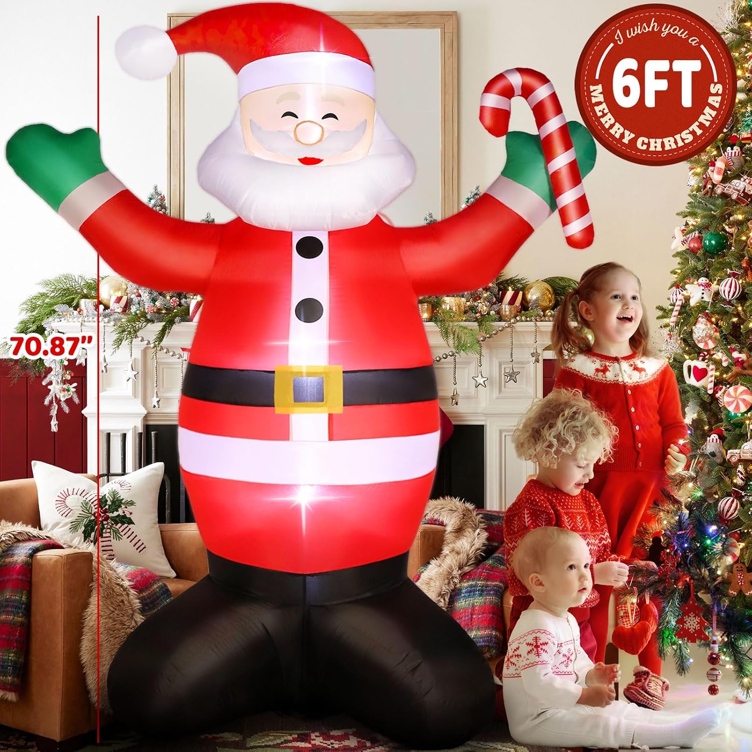 Christmas Inflatables Outdoor Decorations, 6 FT Santa Claus Christmas Decor for Front Back Yard Garden Lawn, Blow Up Inflables De Navidad Built-in LED Light with Candy Cane