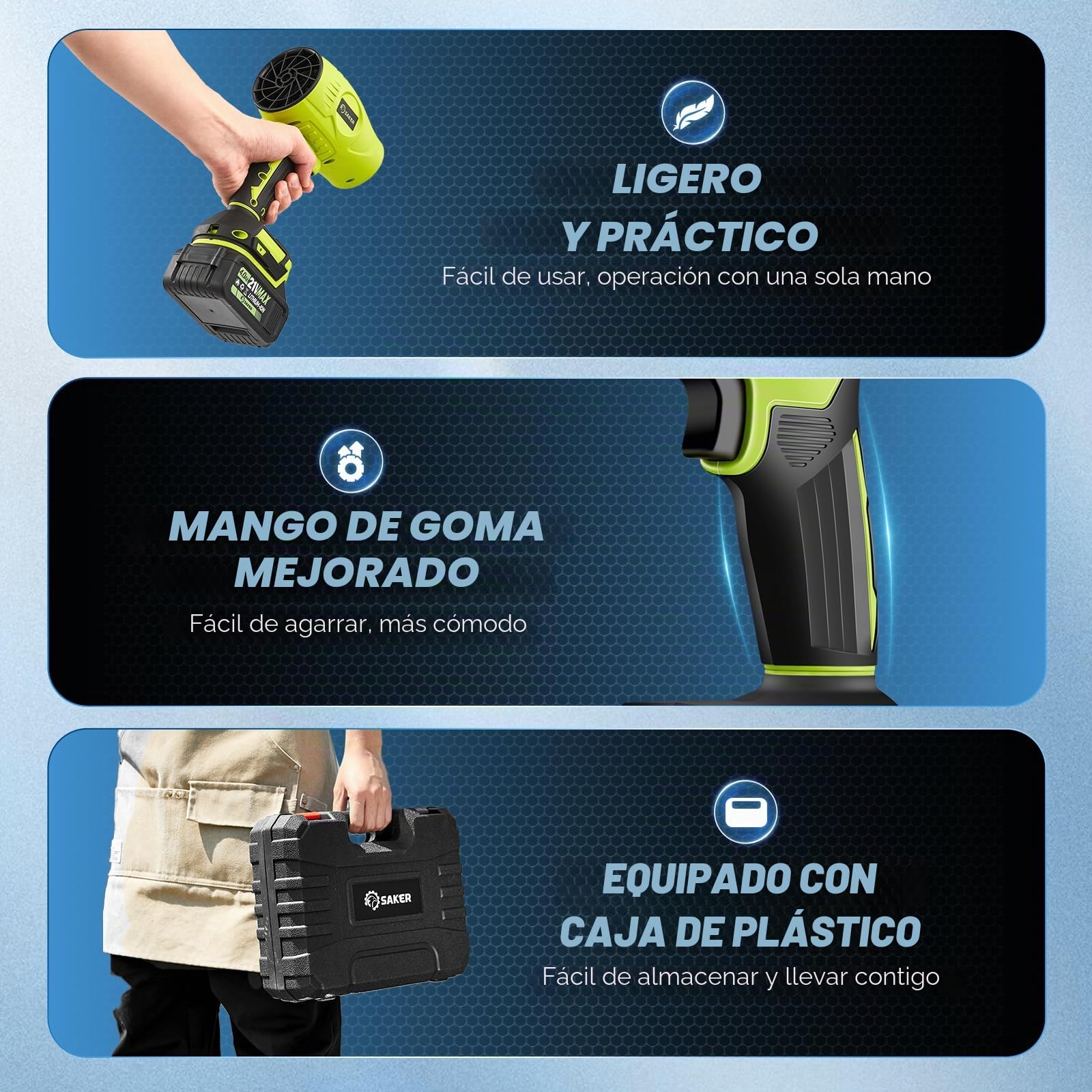 Saker Soplador de hojas inalámbrico portátil limpiador de polvo soplador de mano 180000 RPM con velocidad ajustable para el cuidado del césped y limpieza de polvo del patio, 2 baterías, verde con
