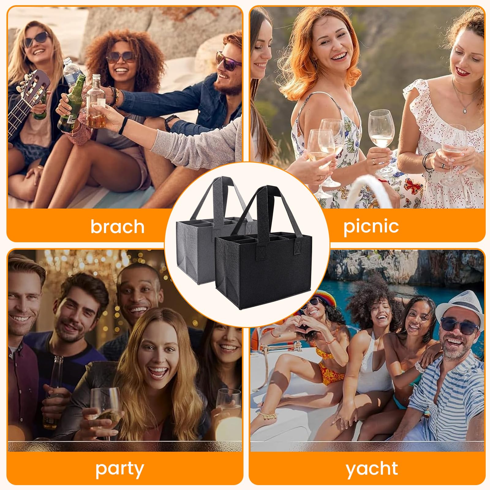 NICKLIN 2Pcs Wine Bottle Bag 6 Compartment Reusable Felt Bottle Carrier,Beer Tote Bag Portable Bottle Wine Tote Carrier with Divider for Travel Picnic Barbecue Party - Image 3