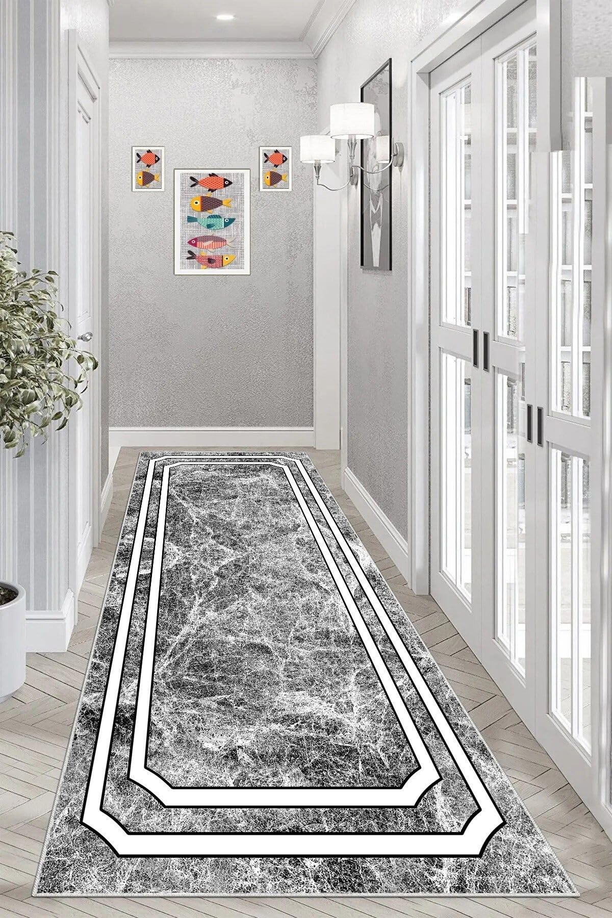 Pelangi Mermer Desenli Dijital Baskı Yıkanabilir Kaymaz Taban Salon Halı ve Yolluk, Açık Gri 100 x 400, 955427311004007