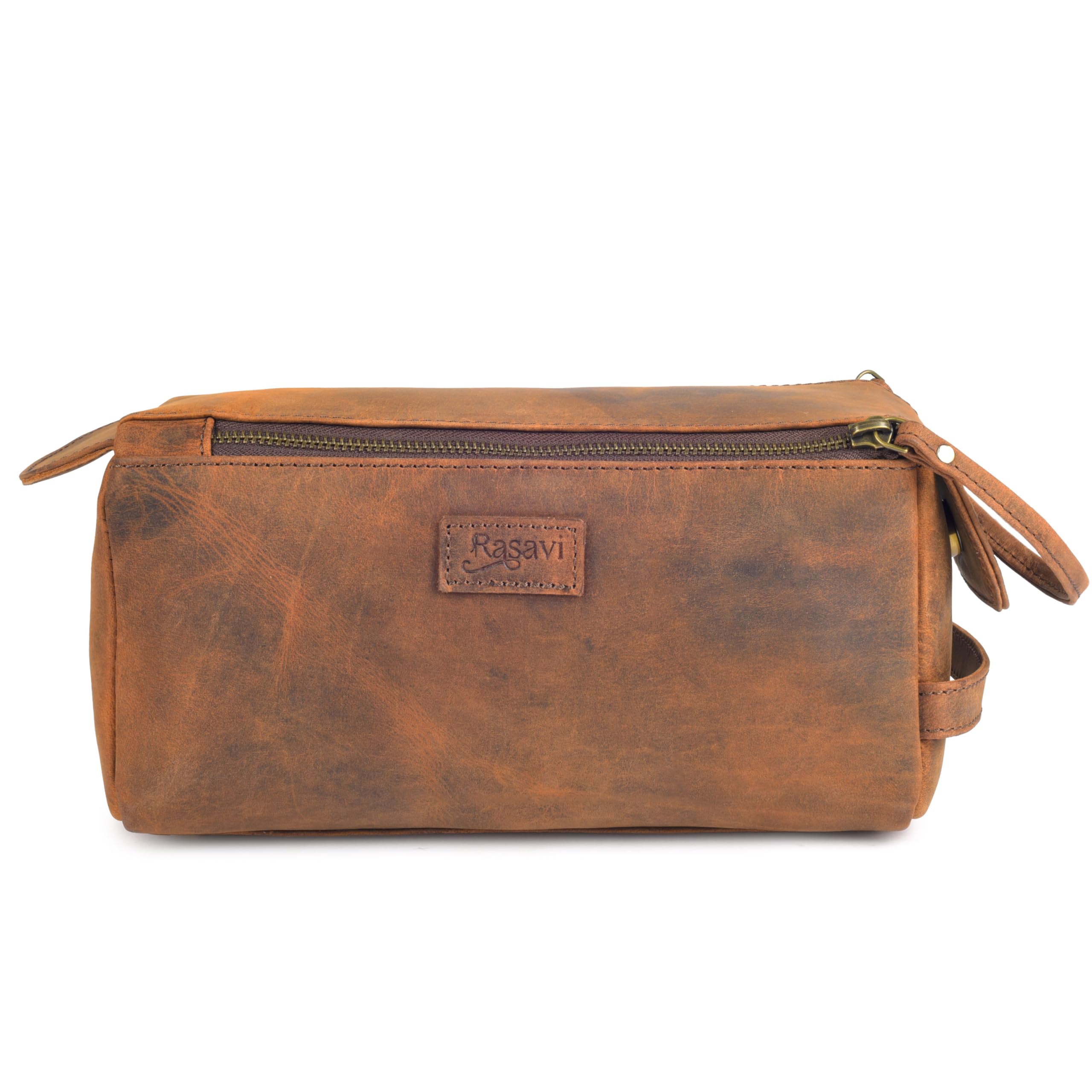 Rasavi Reise-Kulturbeutel aus echtem Leder für Damen und Herren, handgefertigt, Vintage-Stil, wasserabweisend, für Rasur und Badezimmer, Used-Look, Braun