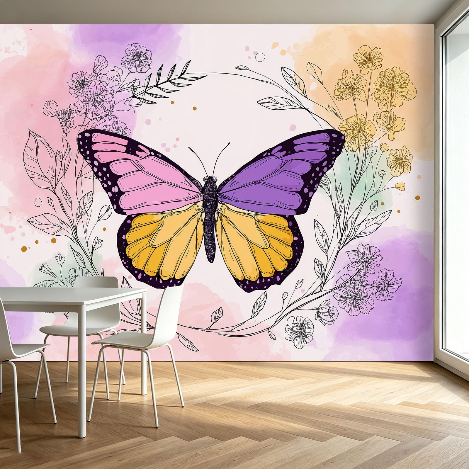 Papel pintado no tejido efecto 3D mariposa zarcillos pequeñas flores 450 x 280 cm XXL papel pintado fotográfico dormitorio estilo natural papel pintado salón pared decoración pasillo Aesthetic murales