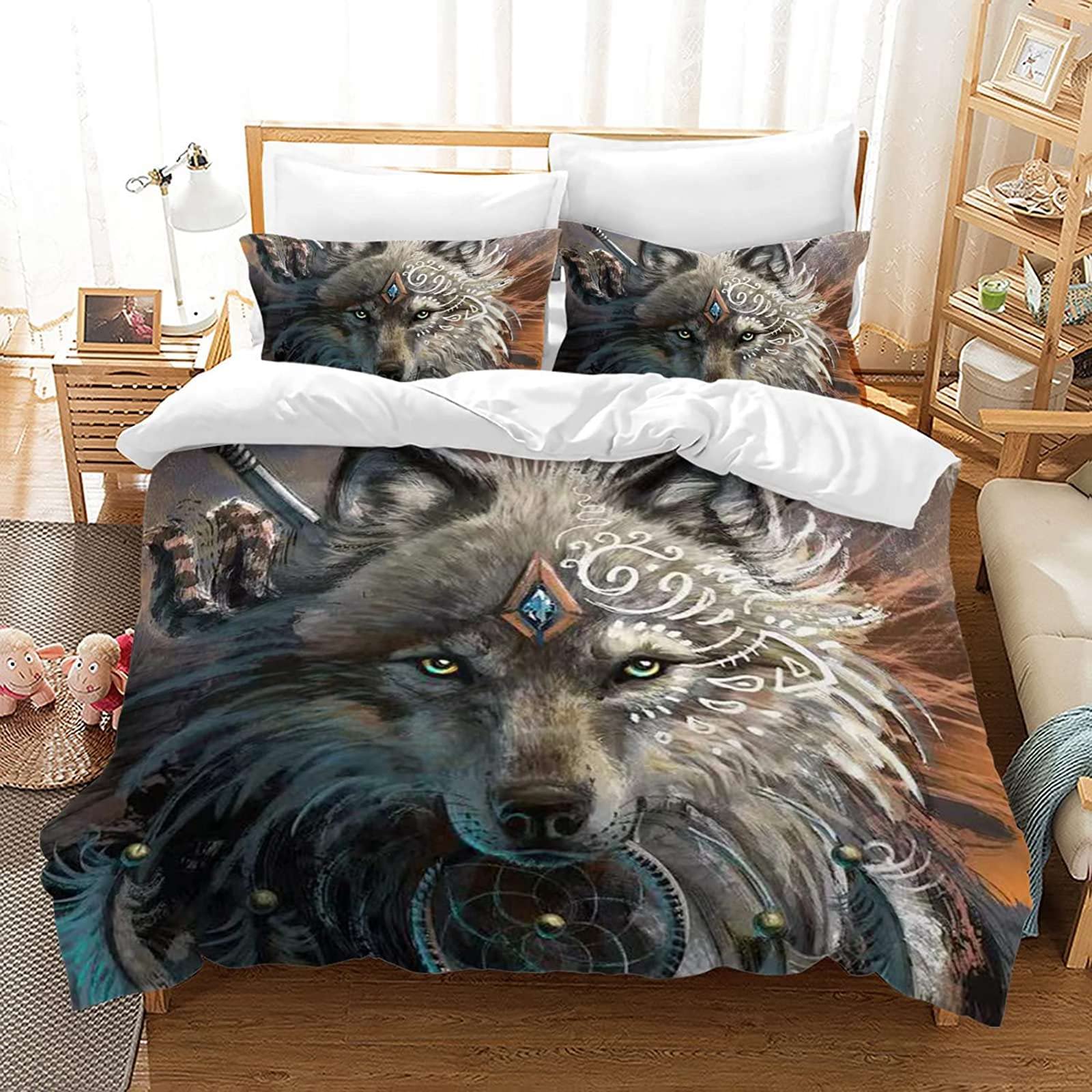Juego de Ropa de Cama con diseño de Lobo en 3D, con Cremallera, Funda nórdica de Tres Piezas de Microfibra (C, 220x240cm)