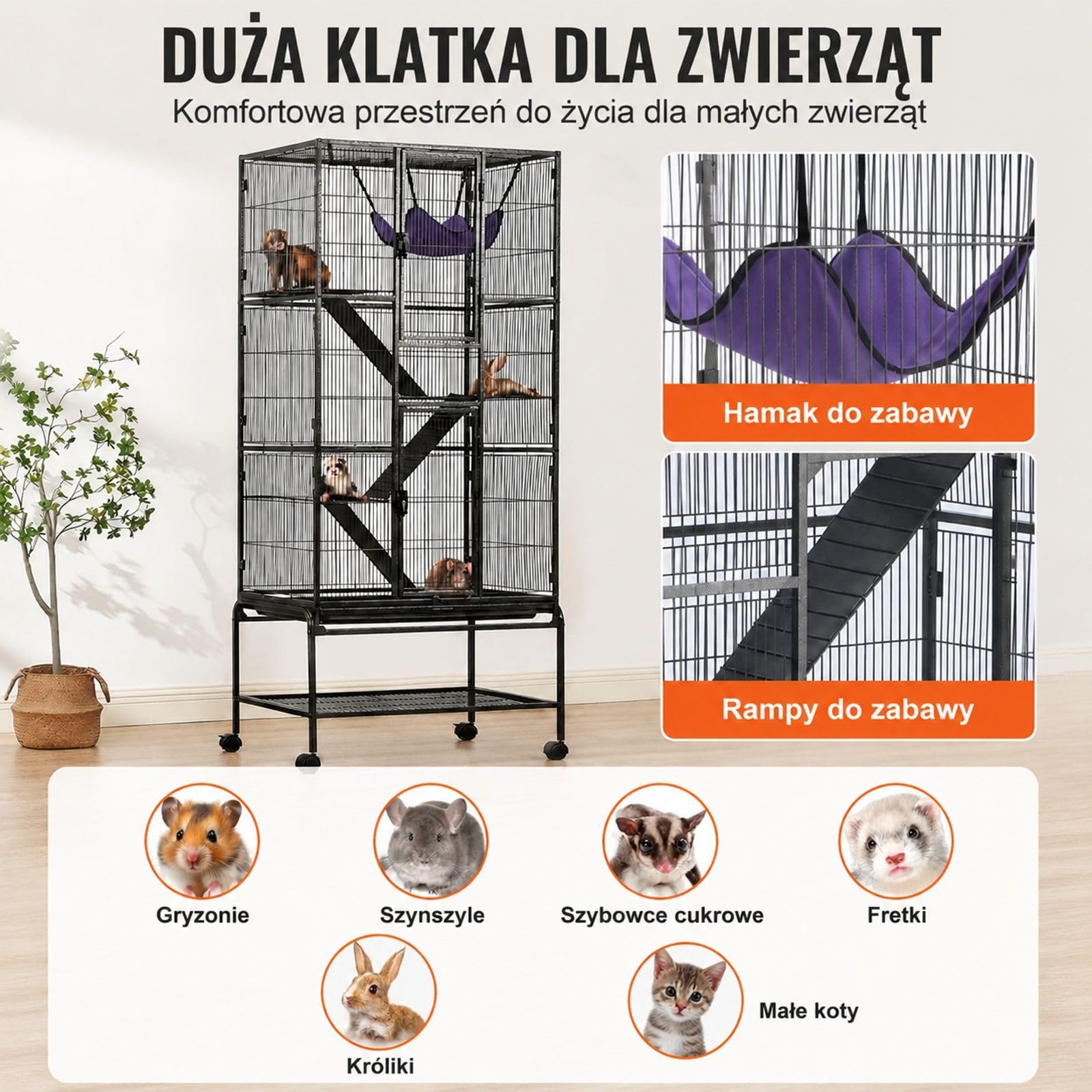 Czarna metalowa klatka dla fretek i małych zwierząt, 4 poziomy, kółka, rampy, taca, żelazo, plastik i aksamit