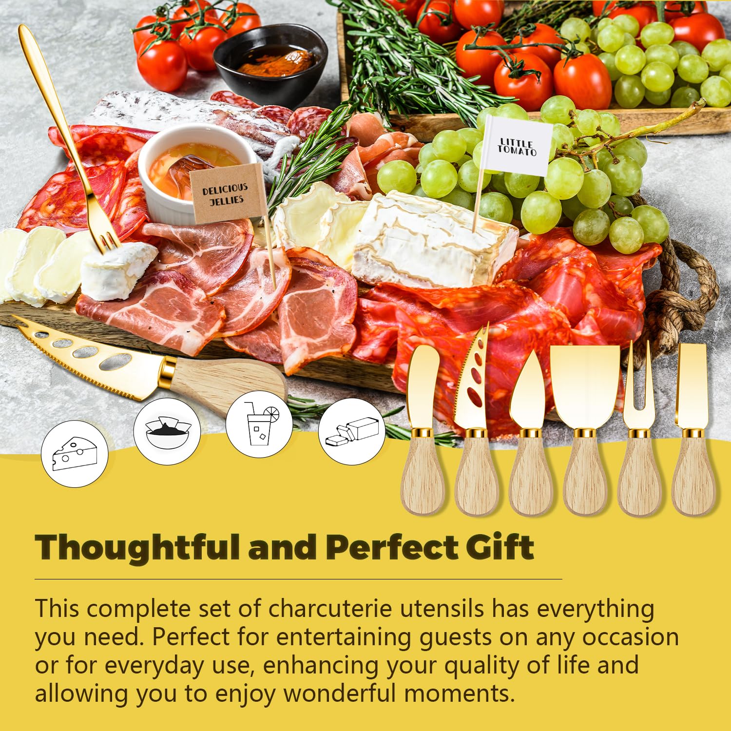 Charcuterie Boards Accessories Charcuterie Utensils Cheese Butter Spreader Knife Set Small Serving Tongs Forks and Spoons Dipping Bowls Honey Dippers Toothpick Flags for Party Platter Making: Gold