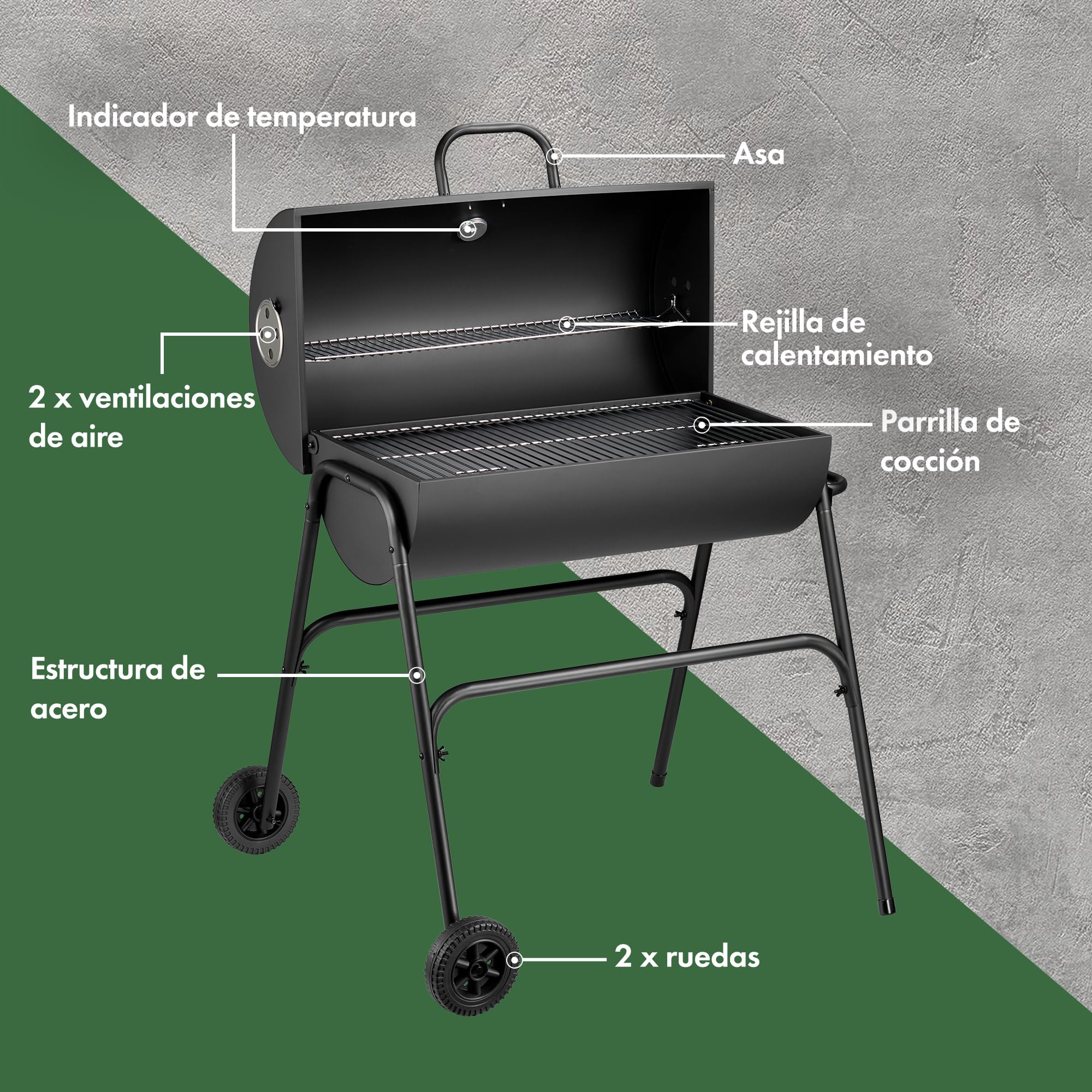 VonHaus Barbacoa de Carbón – Barril Portátil con Rejilla Calentadora, Medidor de Temperatura, Ruedas, Parrilla de Cocción y Respiraderos – 2 en 1 Barbacoa y Ahumador – Asa Carne, Pescado y Verduras