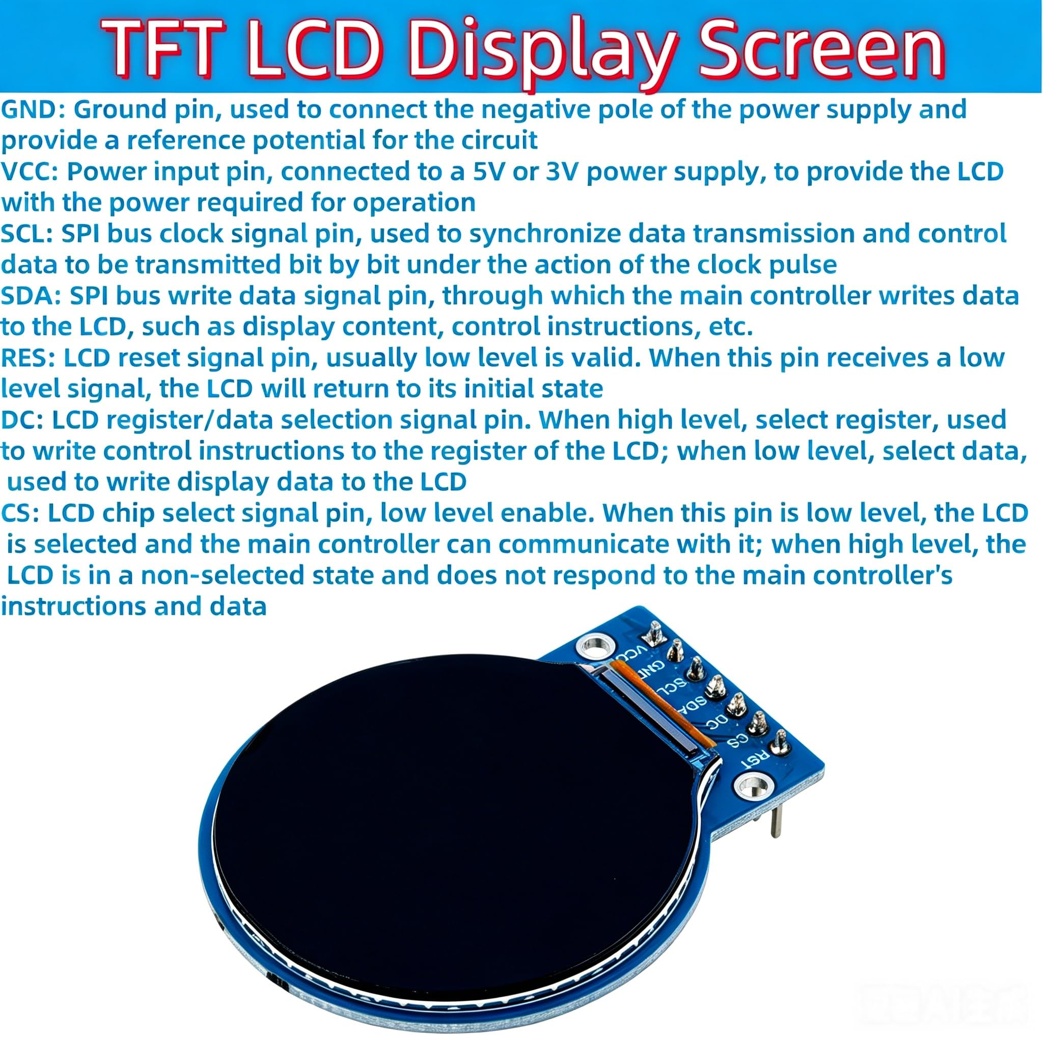 3 pantallas TFT LCD para Arduino (1.28 pulgadas 240 x 240) redonda a todo color HD IPS Full View RGB Display GC9A01 chips de controlador interfaz SPI de 7 pines