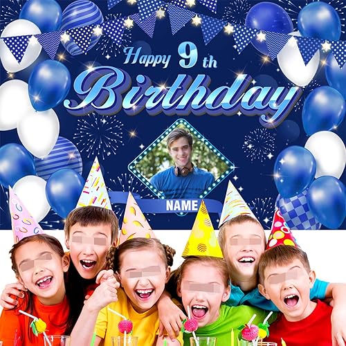 Miniatura 5 de Fondo de decoración de cumpleaños número 9 azul marino personalizado, letrero de fondo de cumpleaños con purpurina, pancarta de feliz cumpleaños,