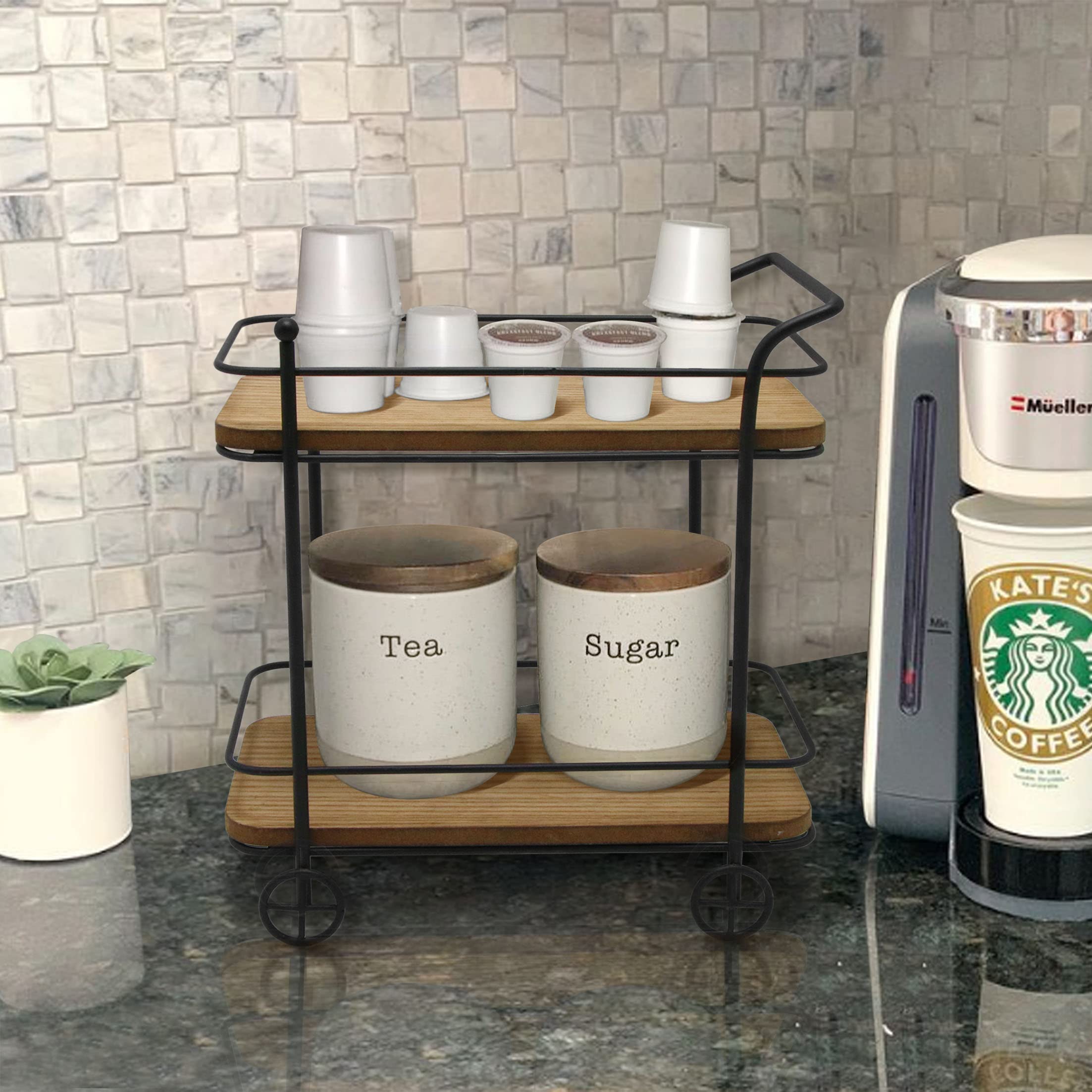 SunArtHome 2-Tier Rolling Coffee Bar Cart – Matte Black Metal & Wood Utility Cart, 10.75x6.25x11 Inches - View #9