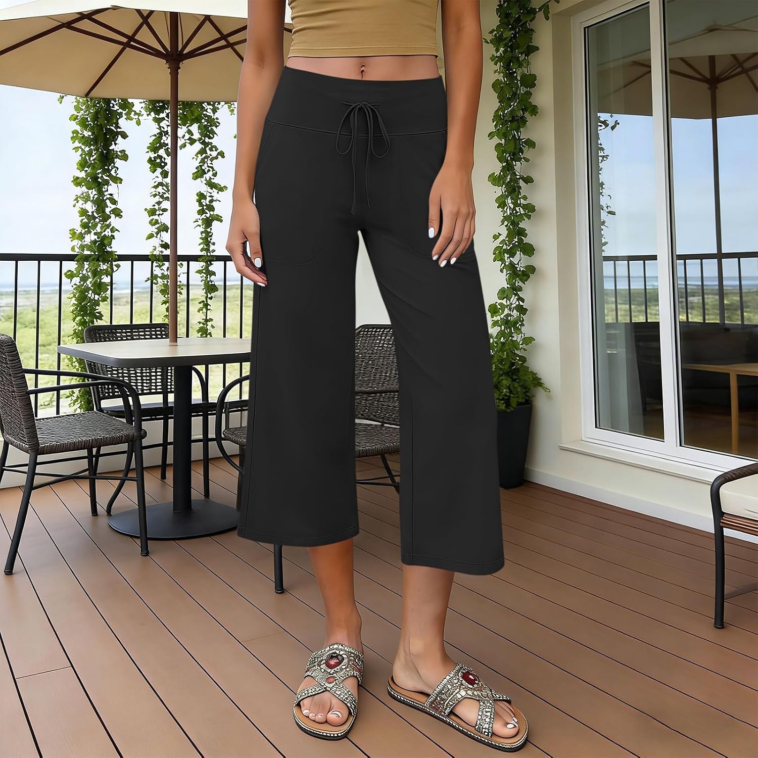 Womens Capri Pants Wide Leg Drawstring High Waist Cropped Pants Summer Casual Palazzo Trousers with Pockets