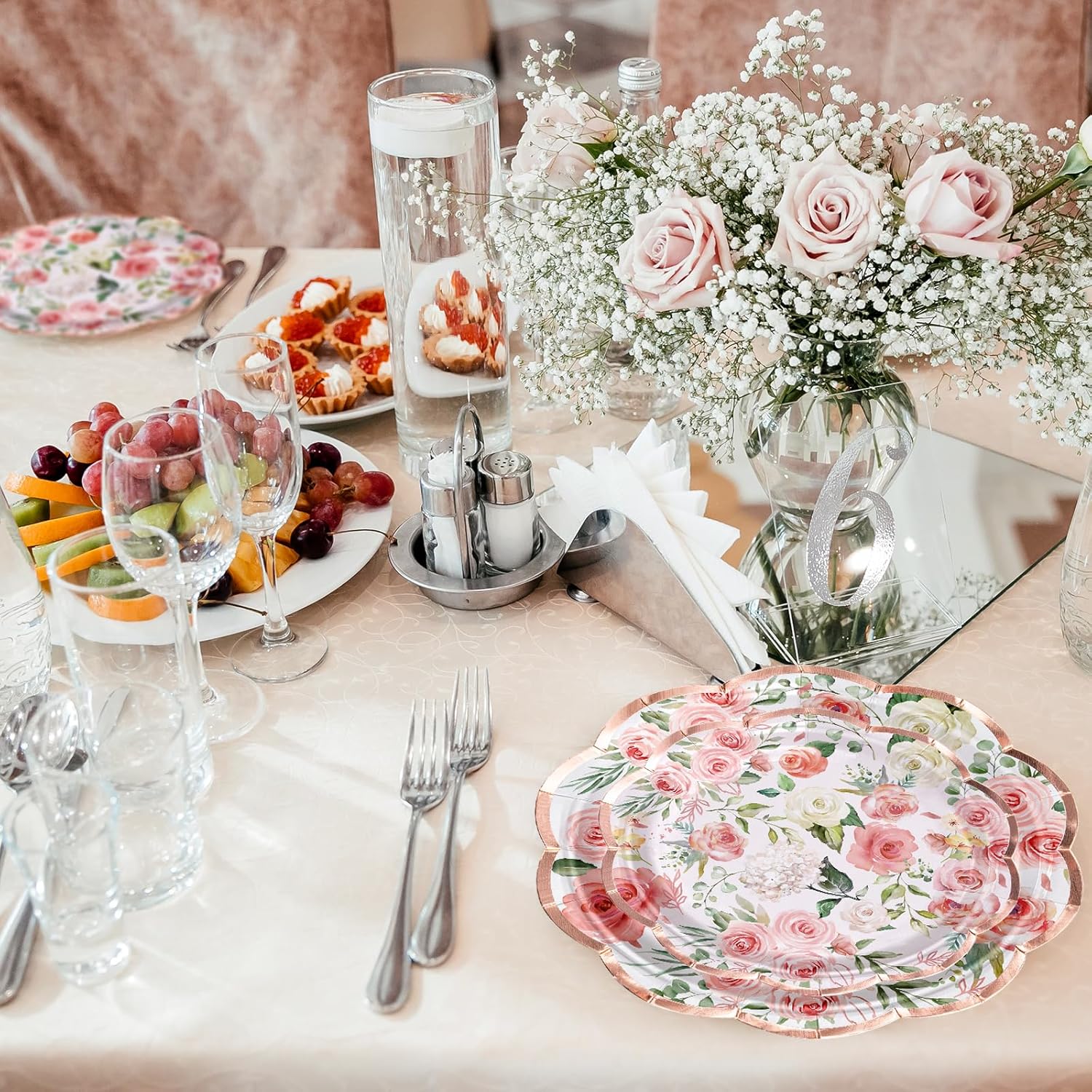 WRAPAHOLIC 50Pcs Floral Paper Plates - 9" and 7" Pink Flower Disposable Plates Decorative Dinner Plates for Party Tableware Supplies Table Decor - Image 6