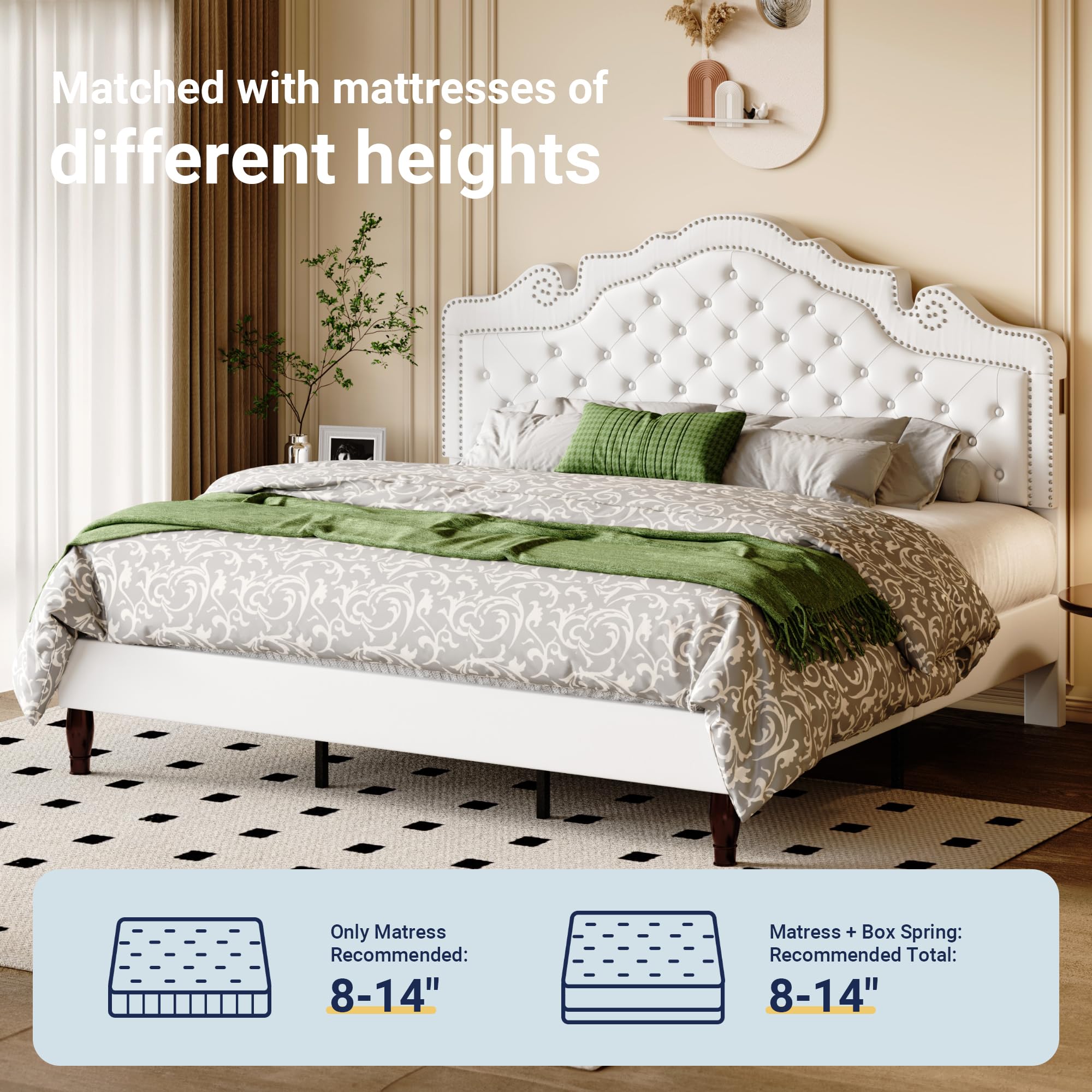 Allewie King Bed Frame with Adjustable Velvet Tiara Headboard, Upholstered Diamond Button Tufted Platform Bed, Wood Slats Support, No Box Spring Needed, Mattress Foundation, Easy Assembly, Black: White King