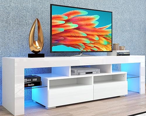 Goujxcy Soporte de TV LED para televisores de 65 pulgadas, centro de entretenimiento de alto brillo con cajones de almacenamiento, mesa de consola