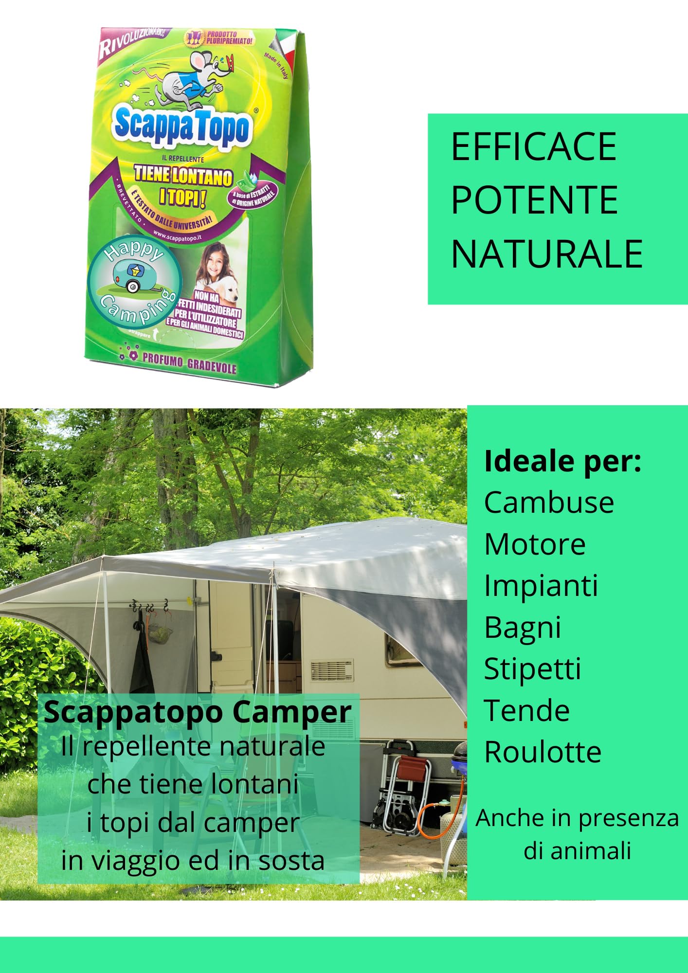 SCAPPATOPO IL BIO-REPELLENTE Camping – Repellente Topi Naturale per Caravan e Roulotte – Dissuasore per Topi Ecologico ad Azione Multisensoriale – Confezione 3 Pezzi da 50gr