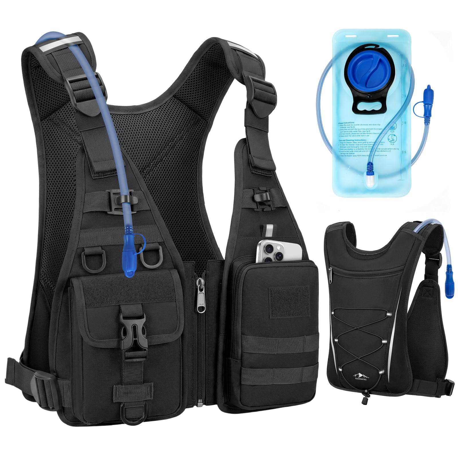 RAINSMORE Gilet Running Uomo Donna con Vescica 2L, Zaino Trail Running Leggero Traspirante, Zaino Idratazione, Impermeabile, Antigraffio per Corsa, Trail Running, Ciclismo, Trekking