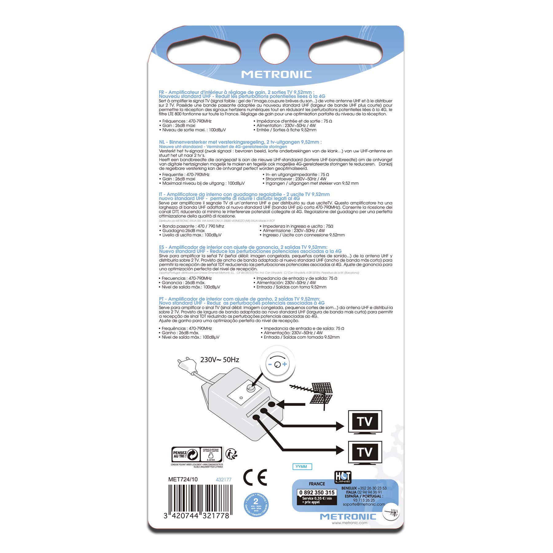 Metronic Amplificateur d'intérieur 4G/5G Blanc avec réglage de gain