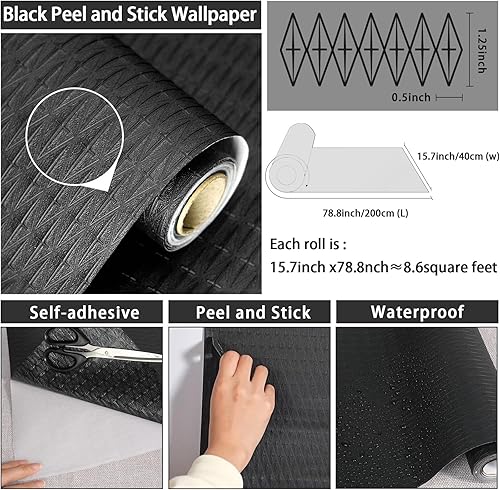 Miniatura 2 de Papel tapiz negro con textura en relieve de 15.7 x 78.8 pulgadas, autoadhesivo, extraíble, fácil de despegar, papel de contacto oscuro para armarios